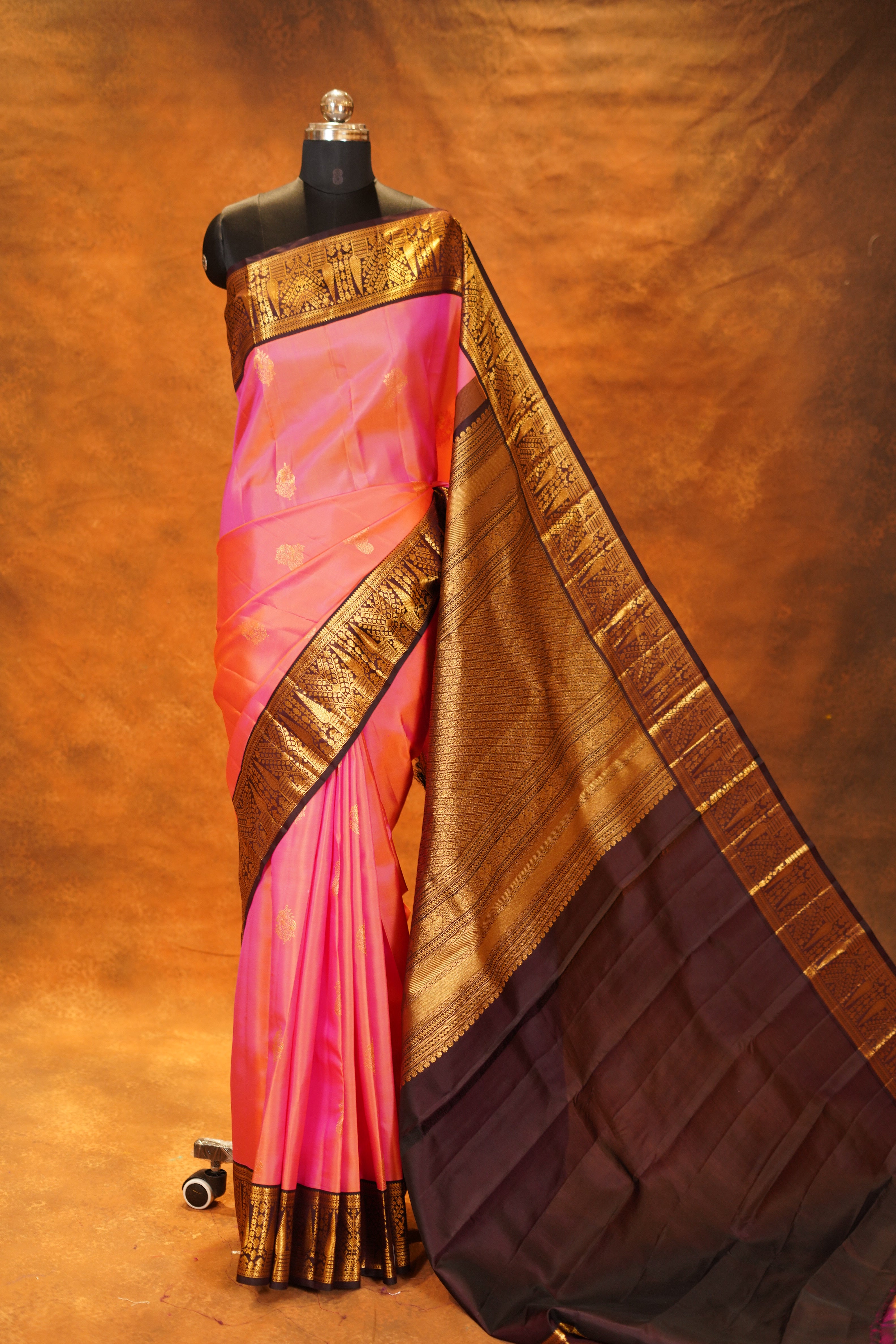 Peach Colour Pure Kanjivaram silk Saree with Dark Brown Contrast