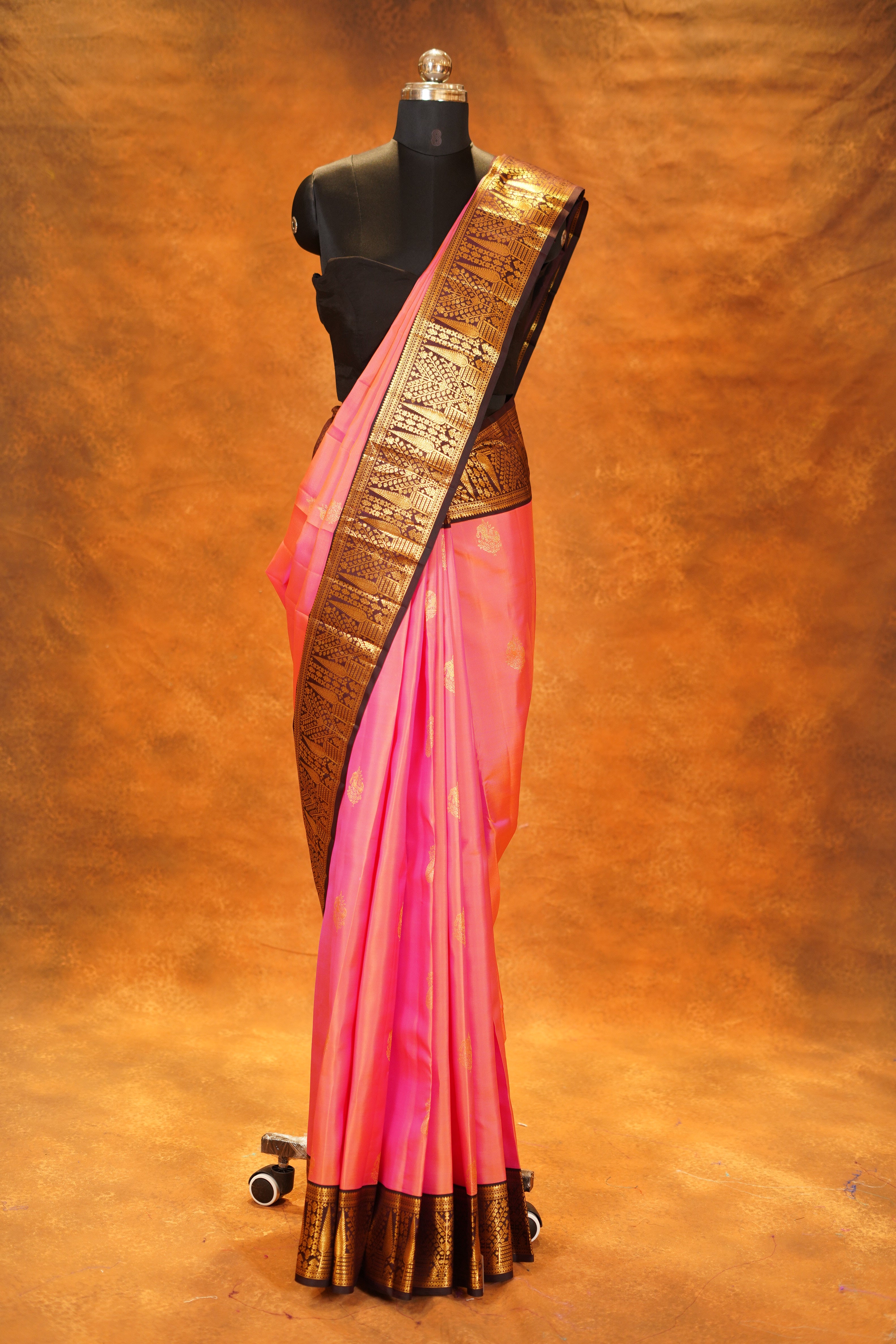 Peach Colour Pure Kanjivaram silk Saree with Dark Brown Contrast