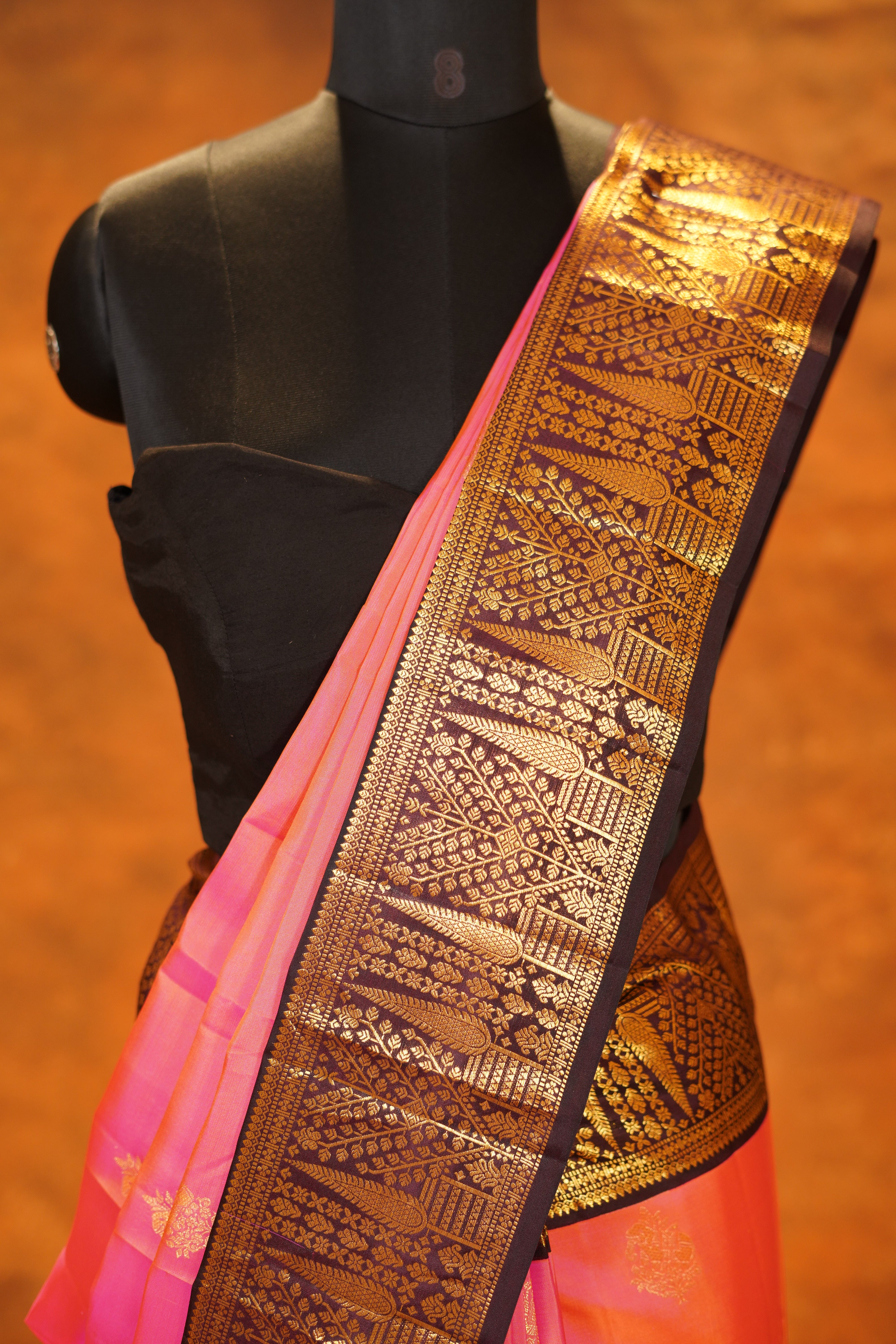 Peach Colour Pure Kanjivaram silk Saree with Dark Brown Contrast