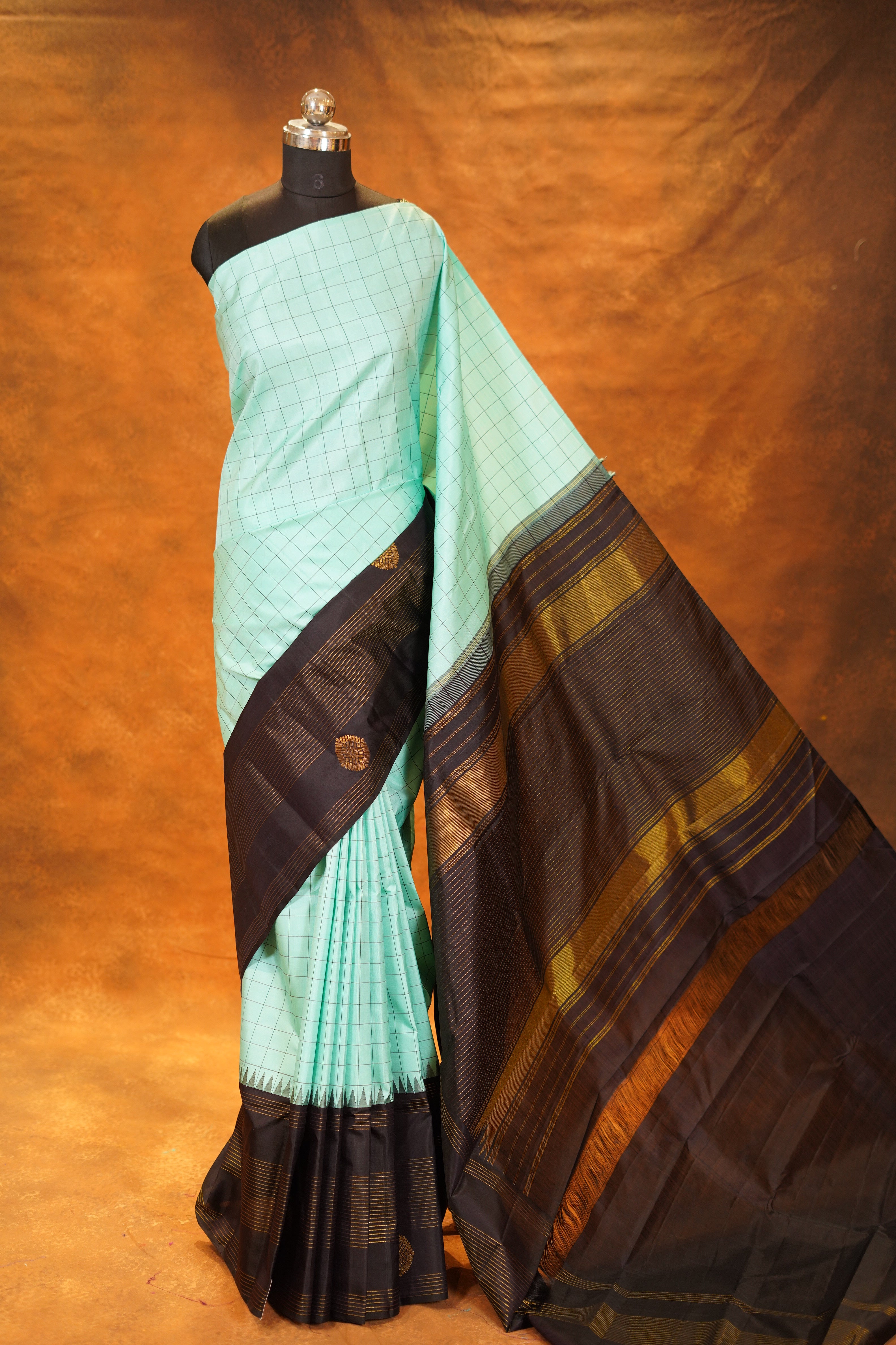 Distemper Colour Checked Pure Kanjivaram Silk Saree with Black Contrast