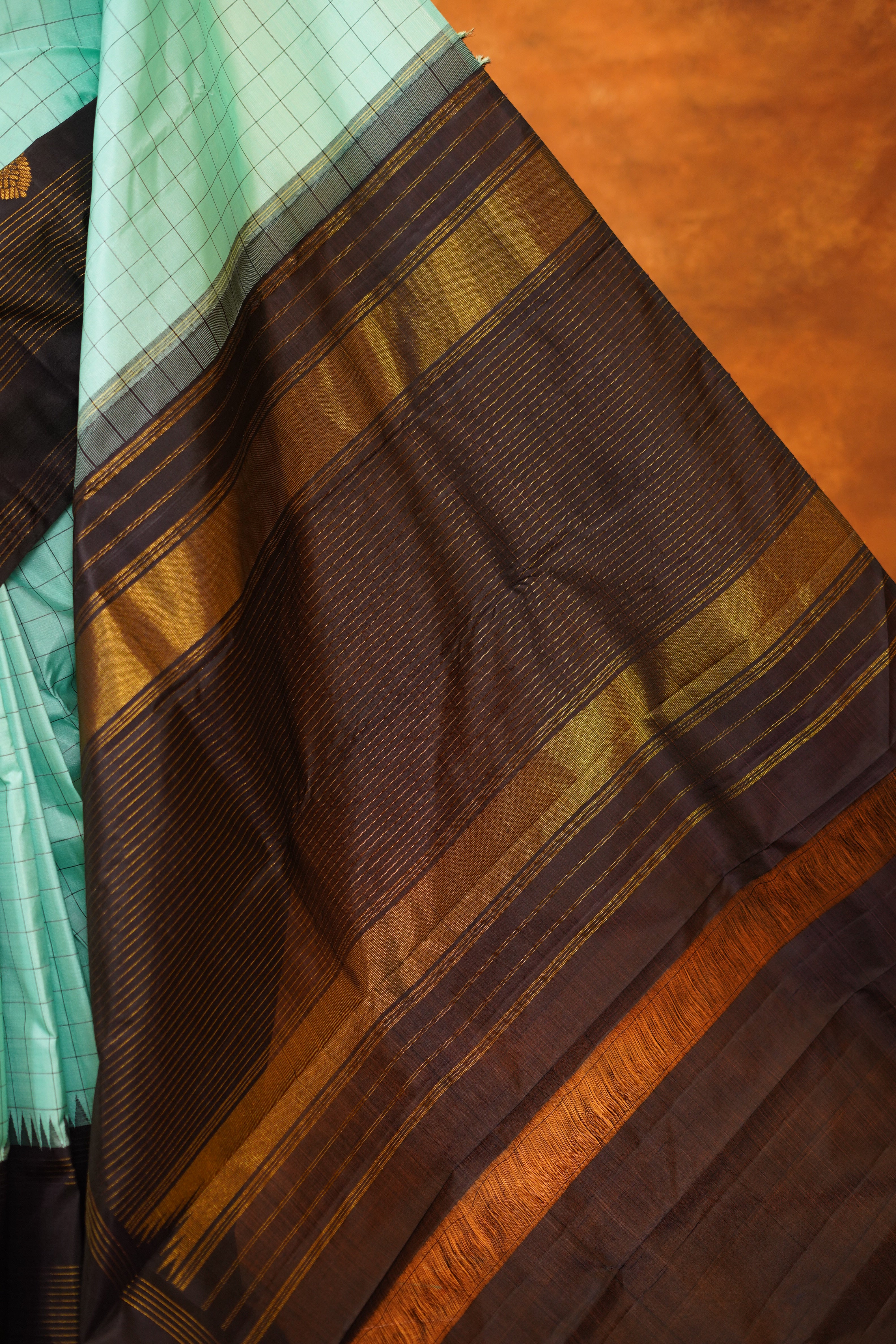 Distemper Colour Checked Pure Kanjivaram Silk Saree with Black Contrast