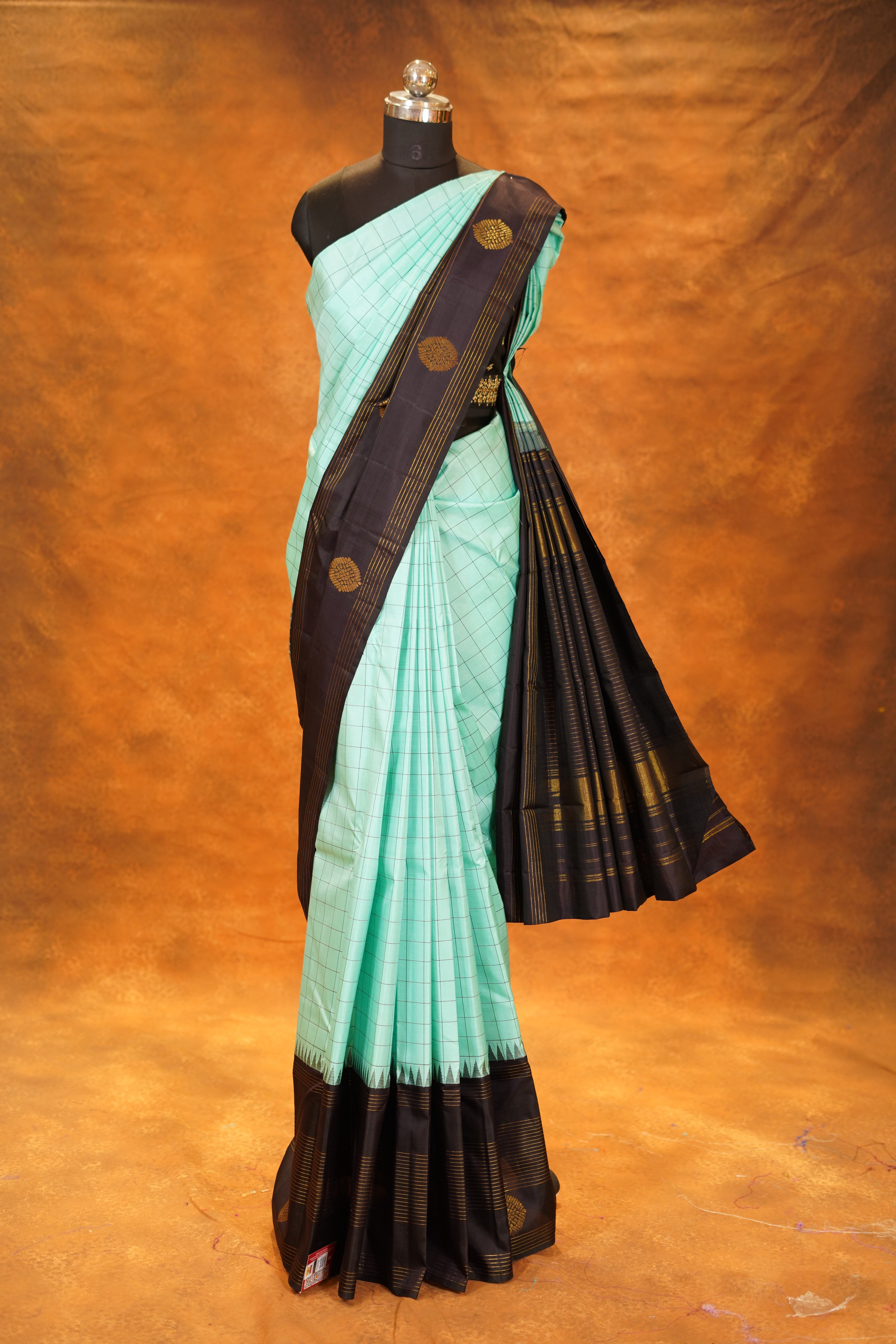 Distemper Colour Checked Pure Kanjivaram Silk Saree with Black Contrast
