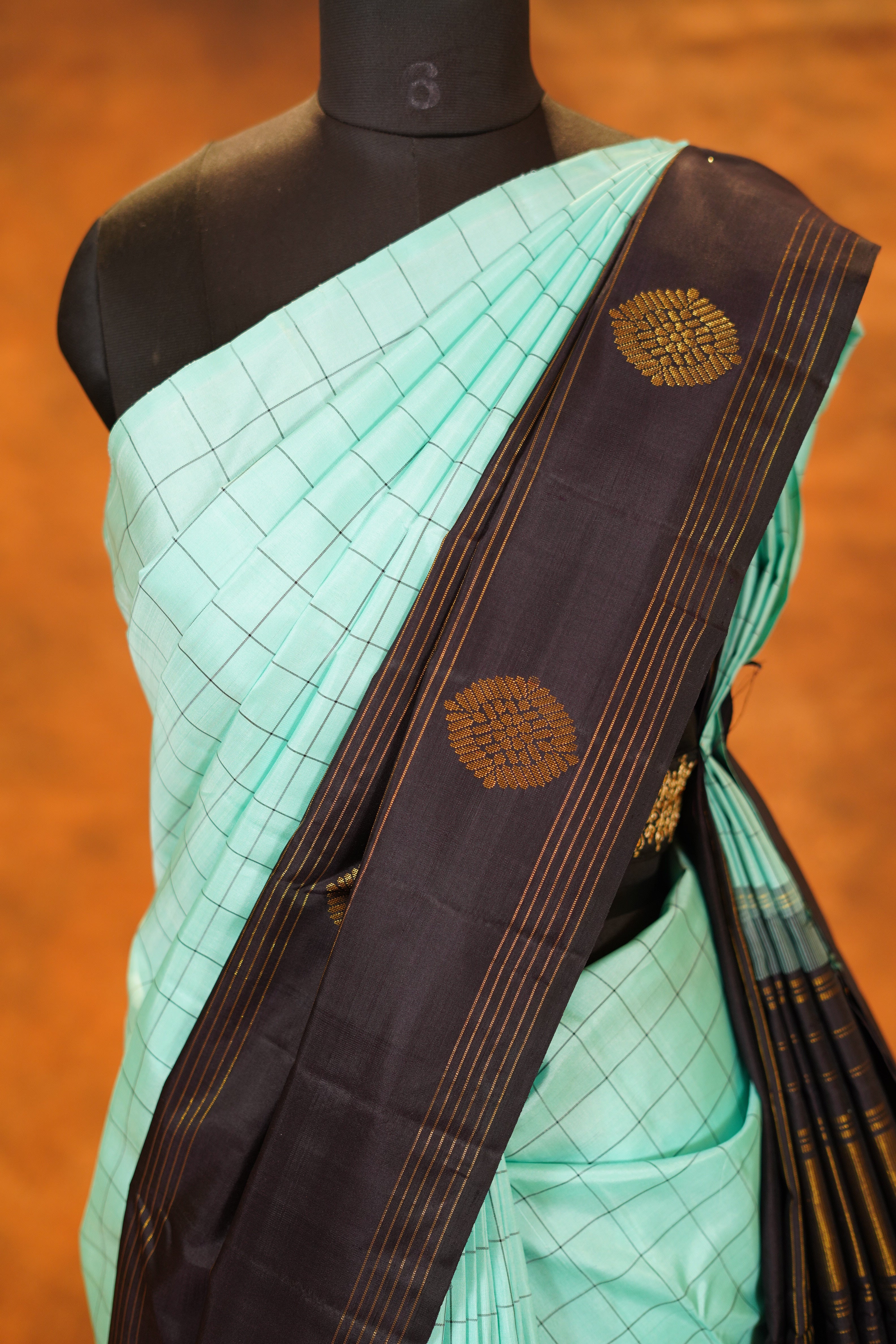 Distemper Colour Checked Pure Kanjivaram Silk Saree with Black Contrast