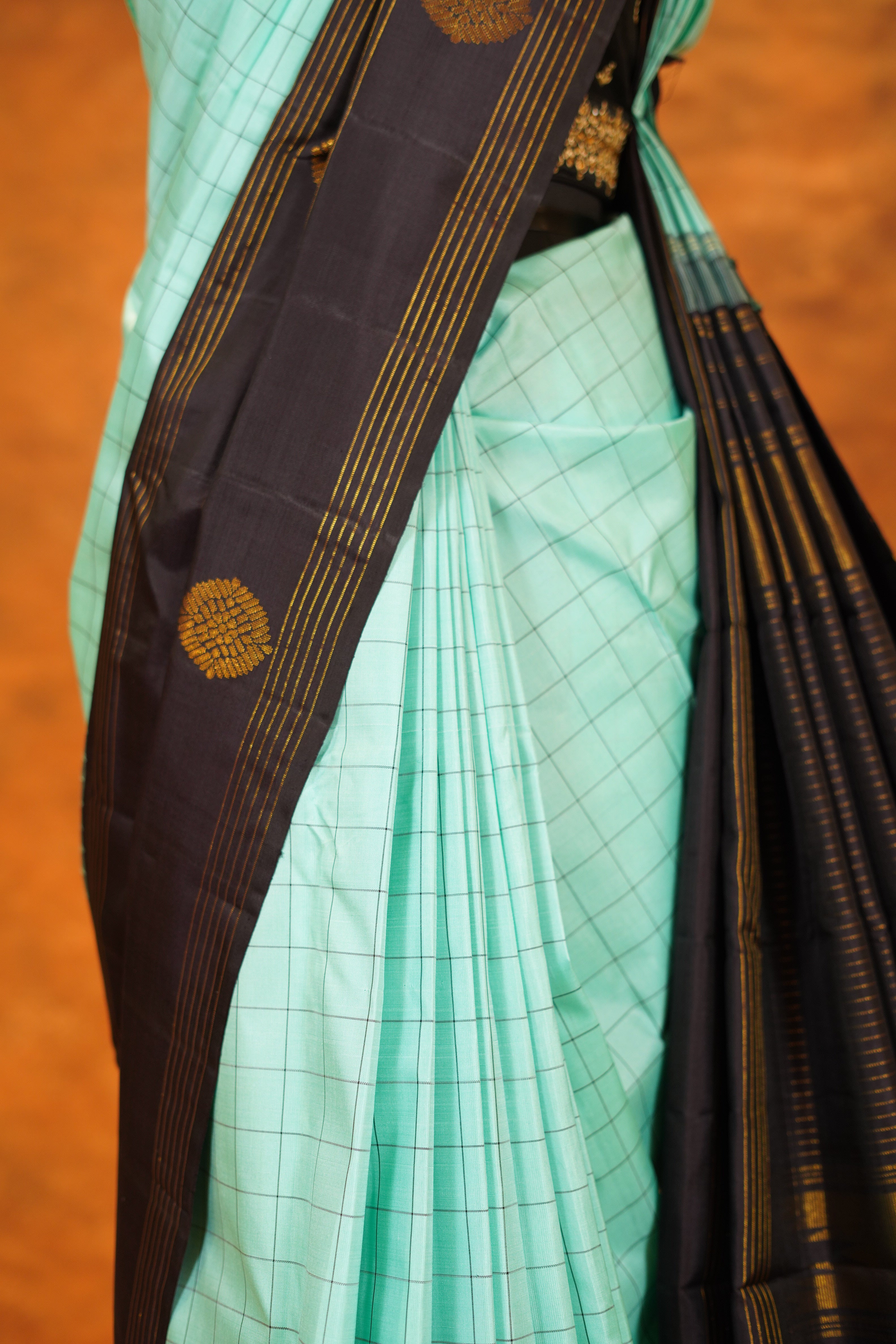 Distemper Colour Checked Pure Kanjivaram Silk Saree with Black Contrast