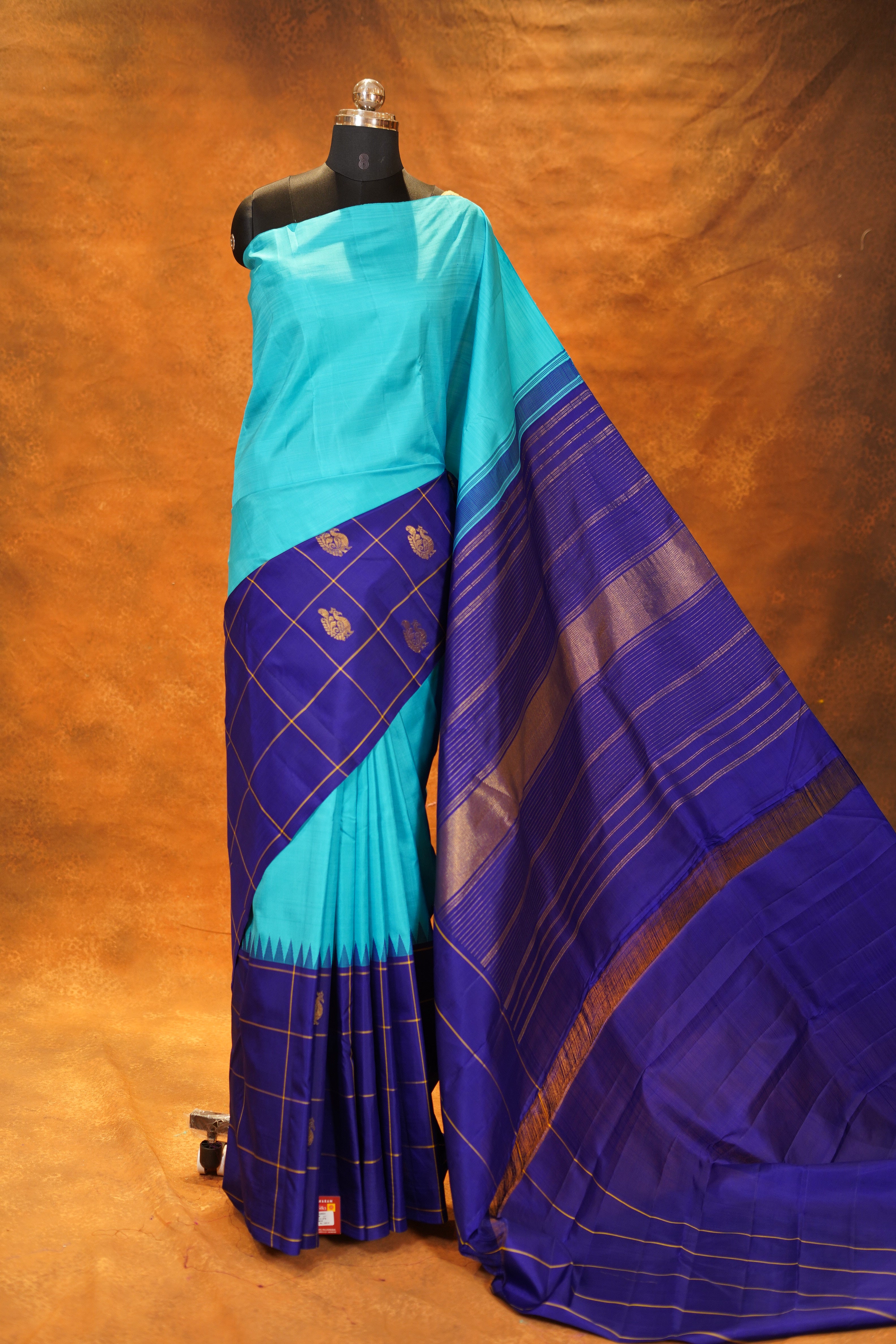 Sky Blue Colour Half And Half Pure Kanjivaram silk Saree with Royal Blue Contrast