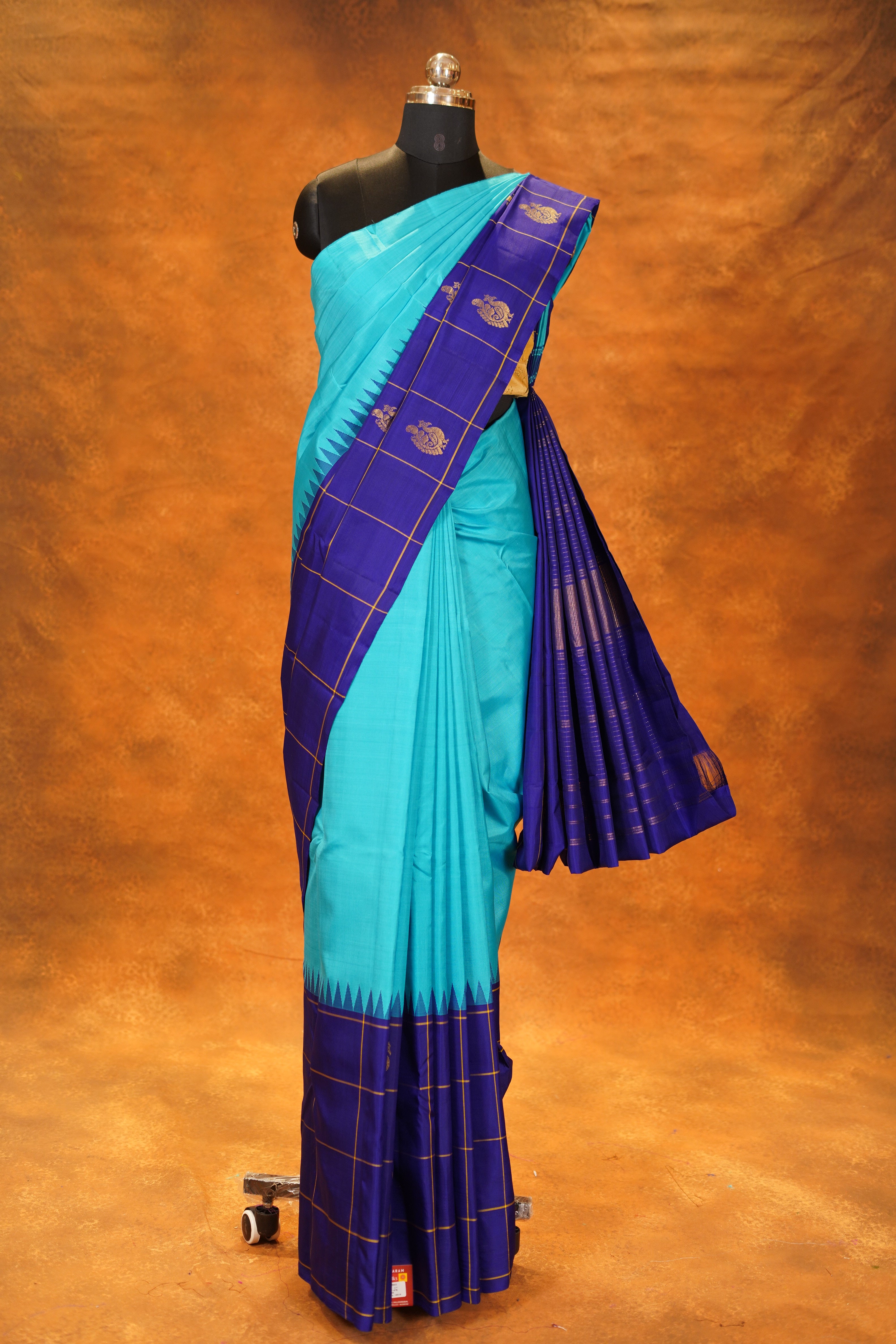 Sky Blue Colour Half And Half Pure Kanjivaram silk Saree with Royal Blue Contrast