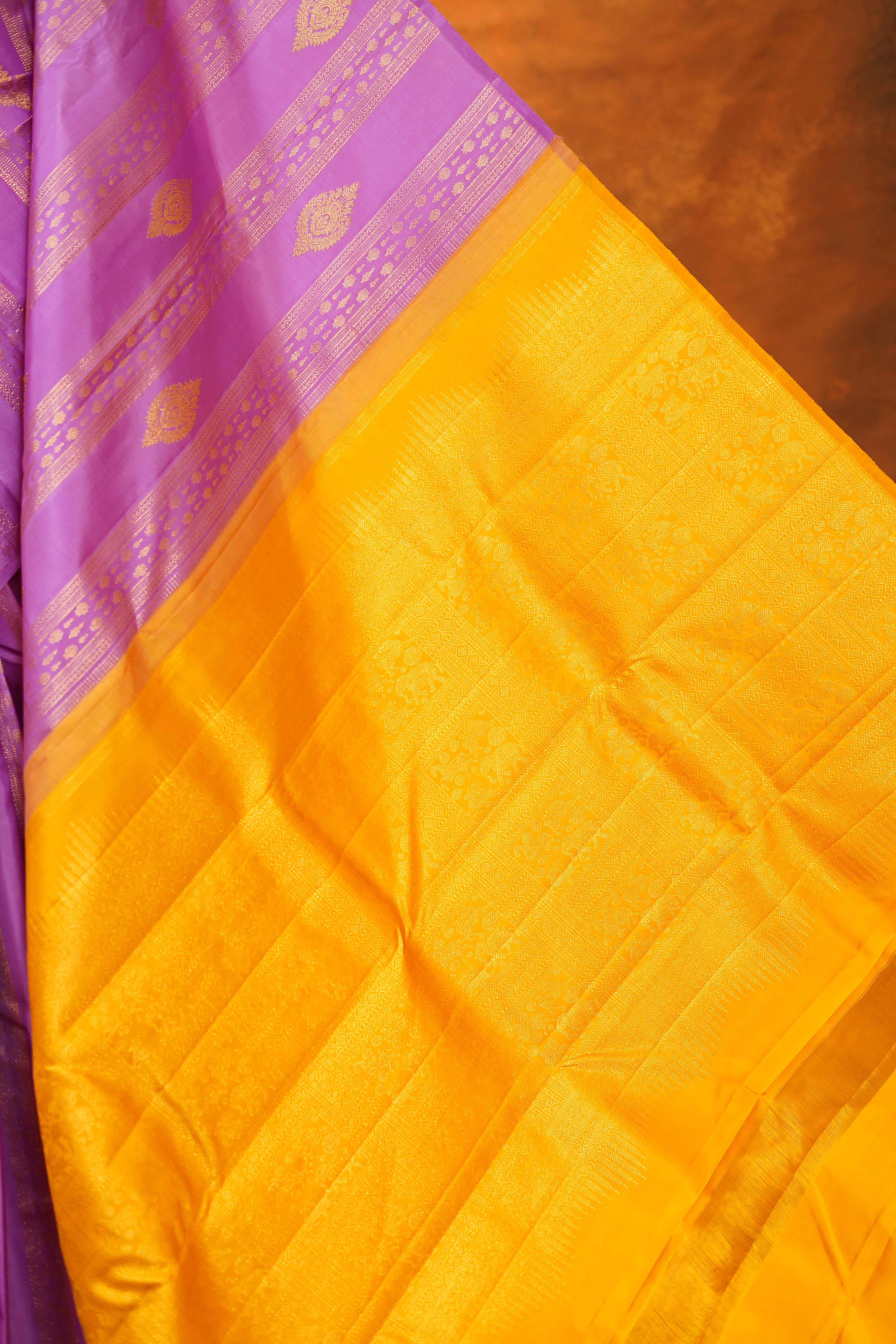Lailac Colour Pure Kanjivaram Silk Saree with Pastel Turmeric yellow contrast pallu