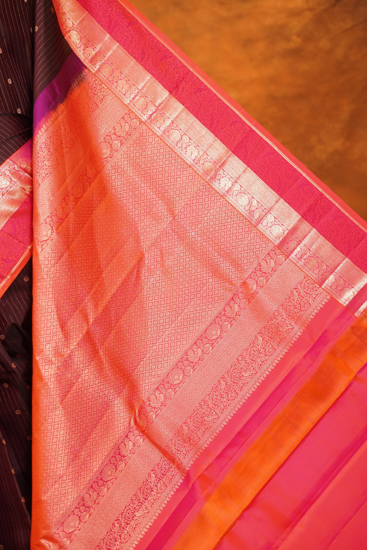 Dark Brown colour Pure Kanjivaram Silk Saree with Pink contrast