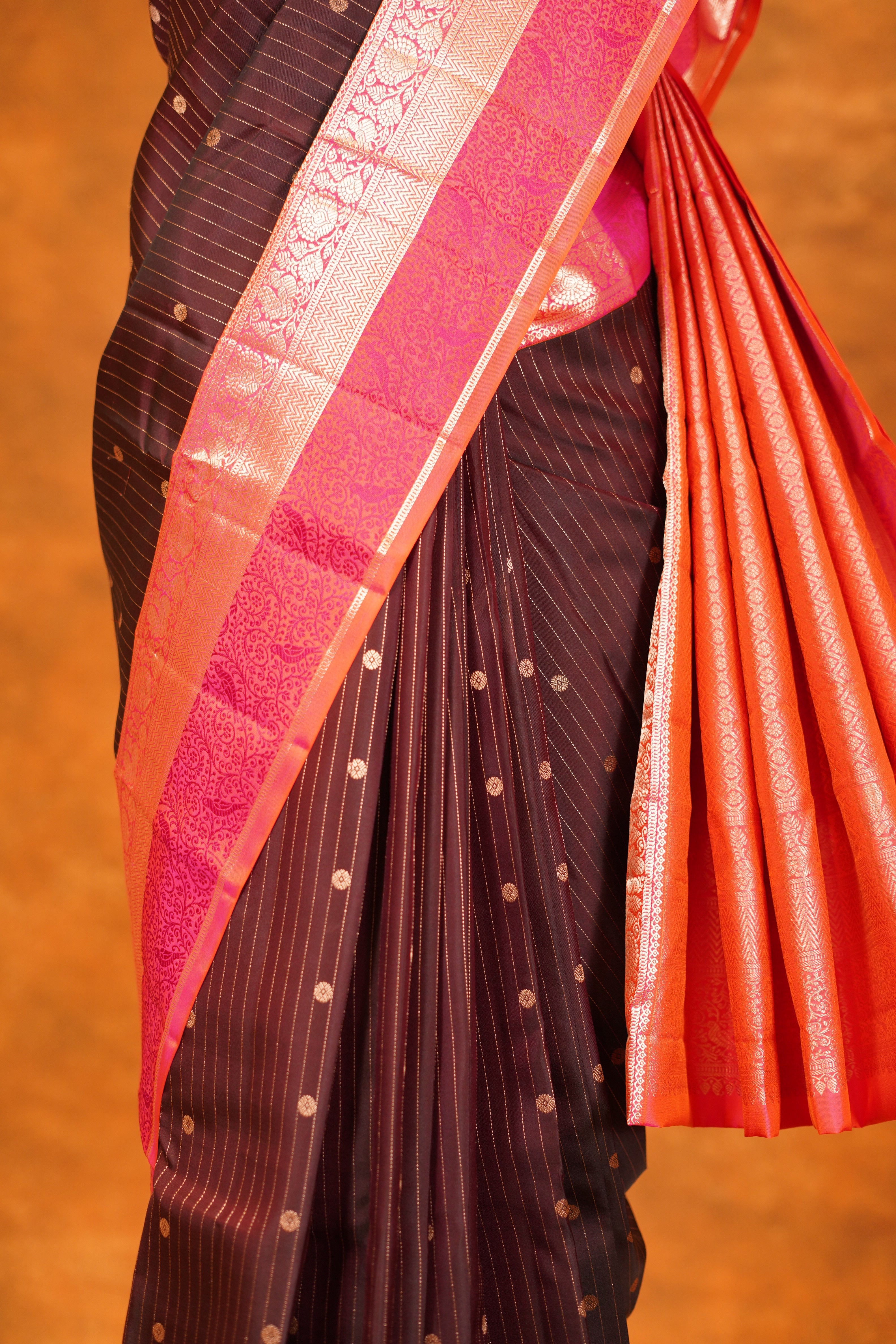 Dark Brown colour Pure Kanjivaram Silk Saree with Pink contrast