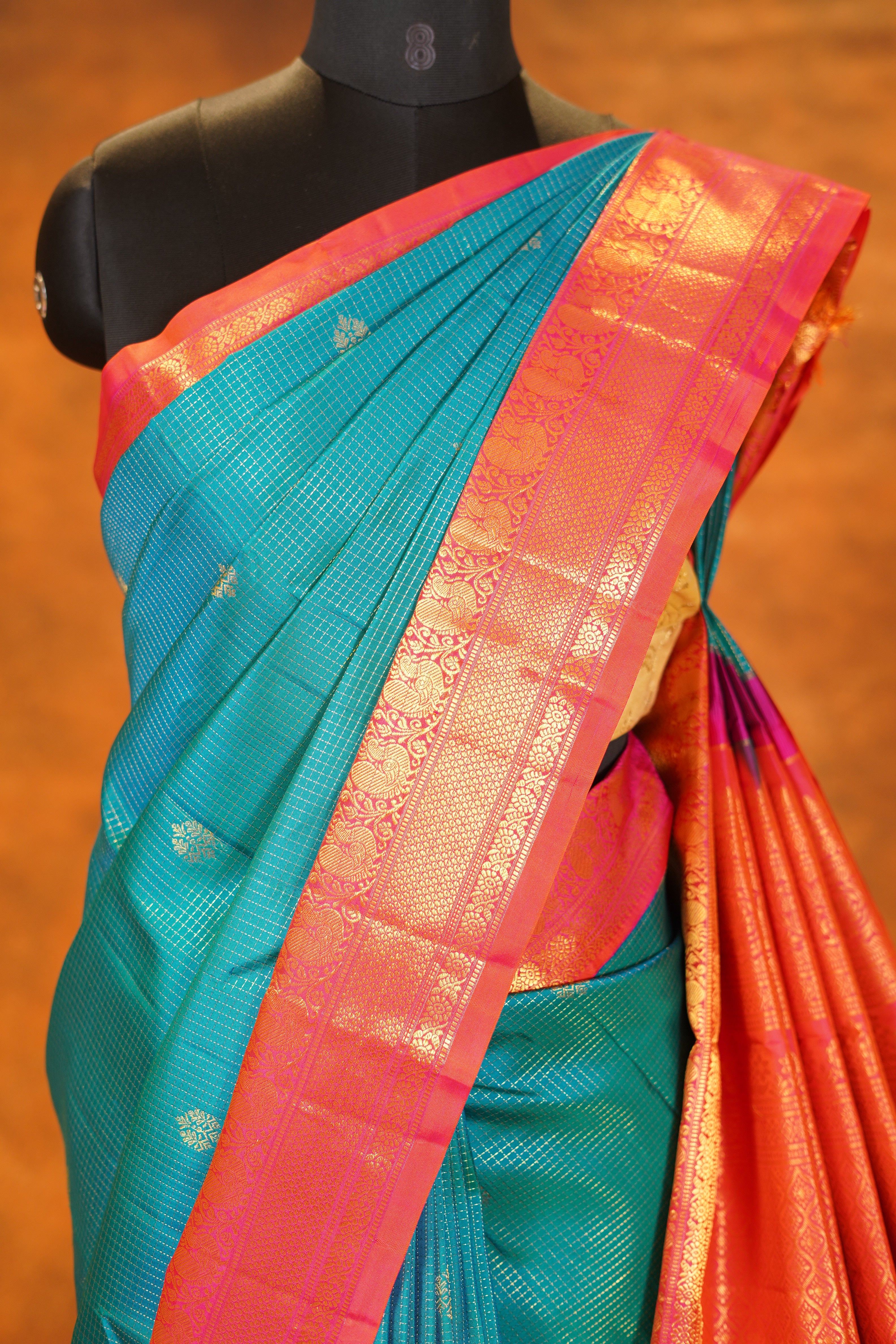 Peacock Blue colour Pure Kanjivaram Silk Saree with Pink contrast
