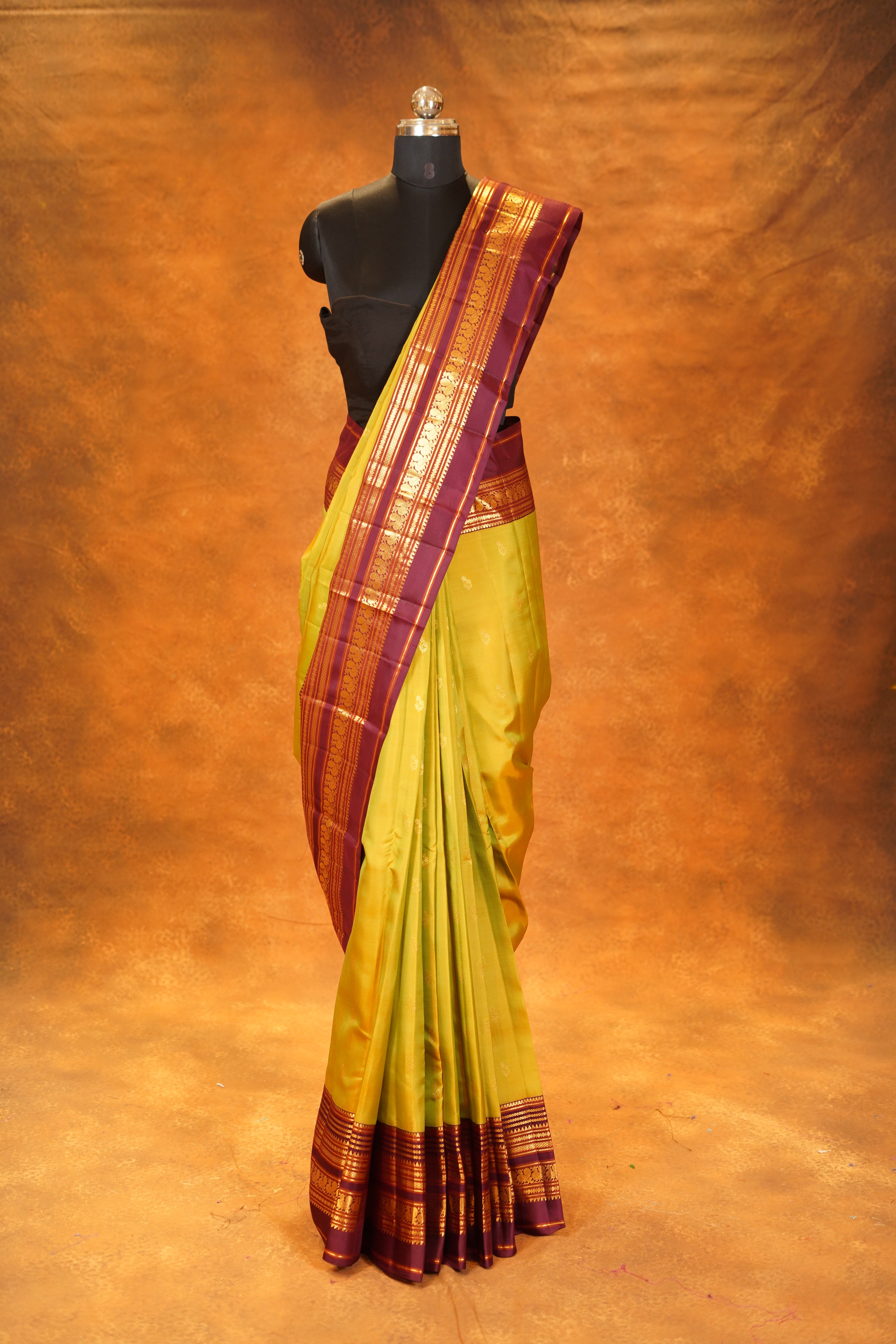 Pista Green colour Pure Kanjivaram Silk Saree with Maroon contrast