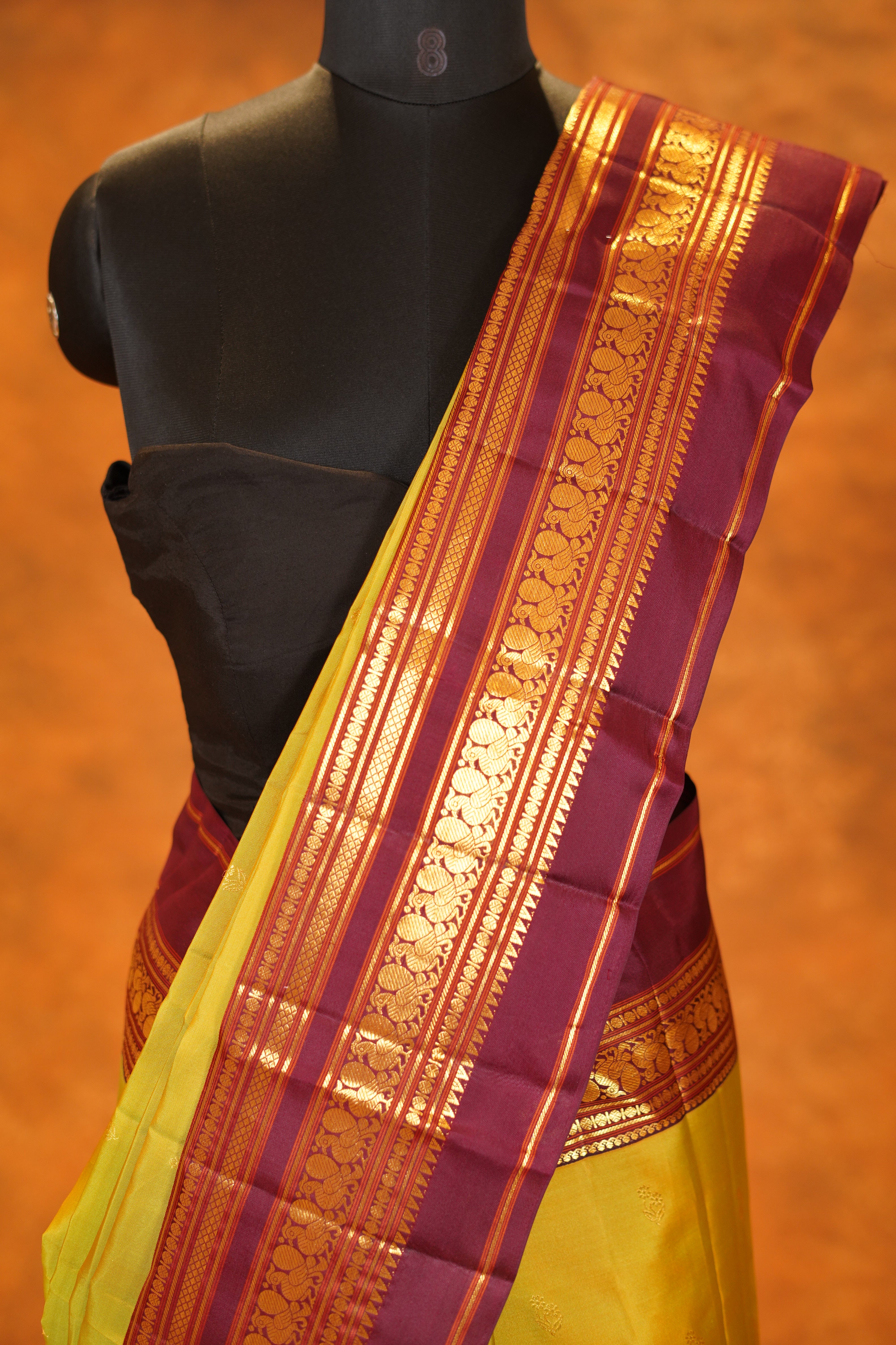 Pista Green colour Pure Kanjivaram Silk Saree with Maroon contrast