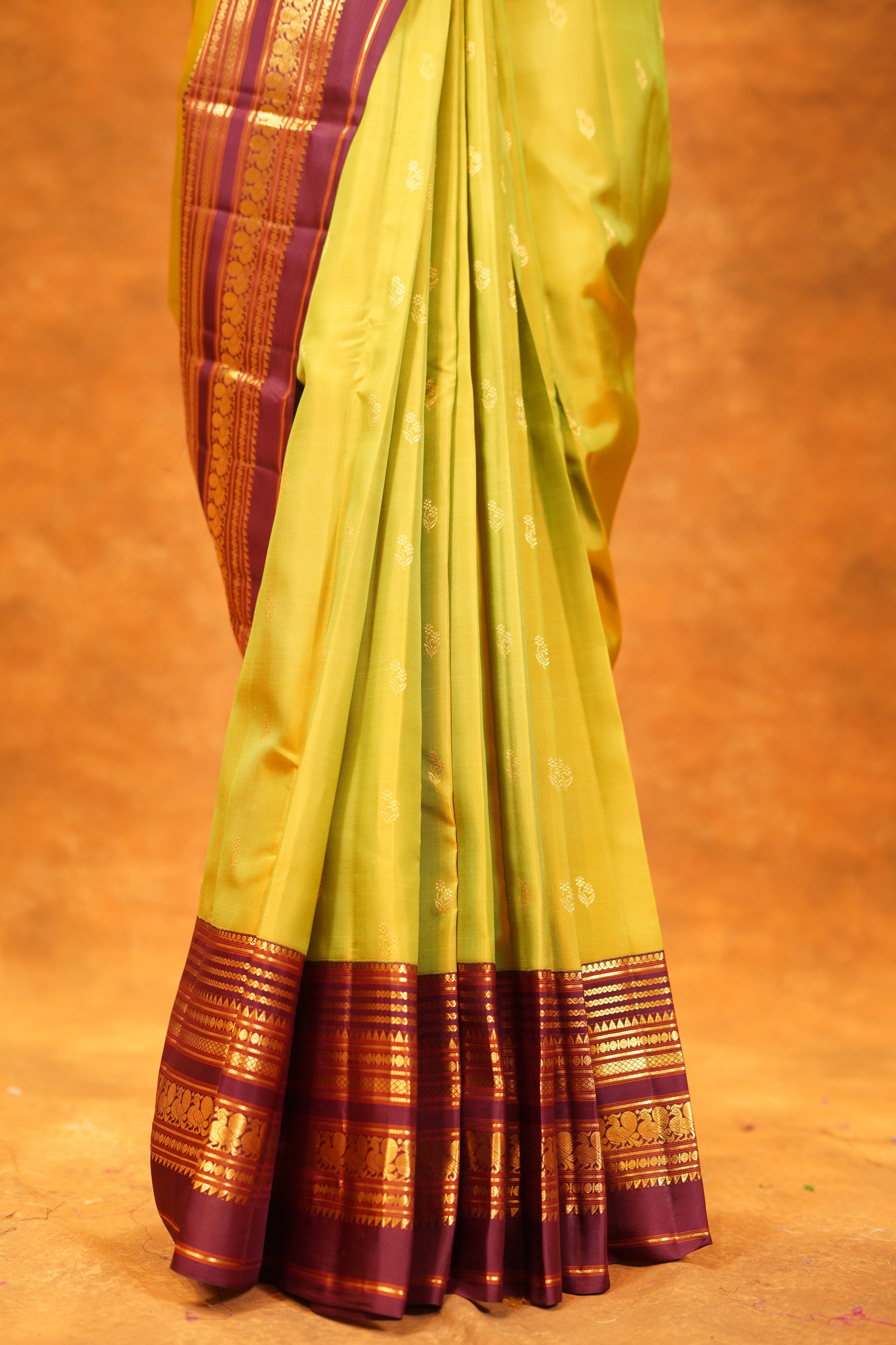Pista Green colour Pure Kanjivaram Silk Saree with Maroon contrast