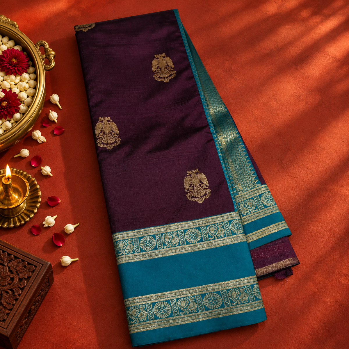 Wine Colour Semi Silk Saree with Teal Blue Border