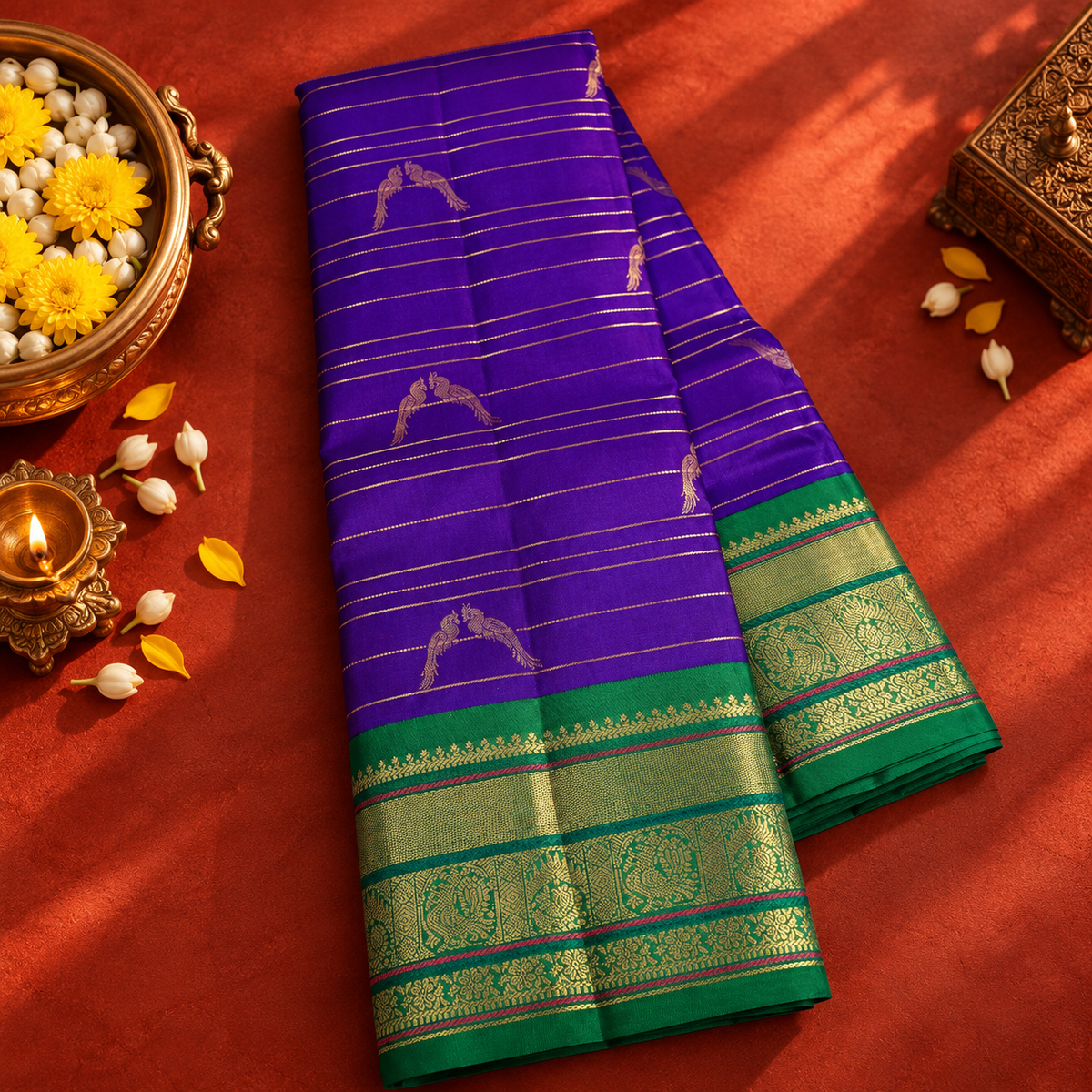 Violet Colour Saree with Green Traditional Border