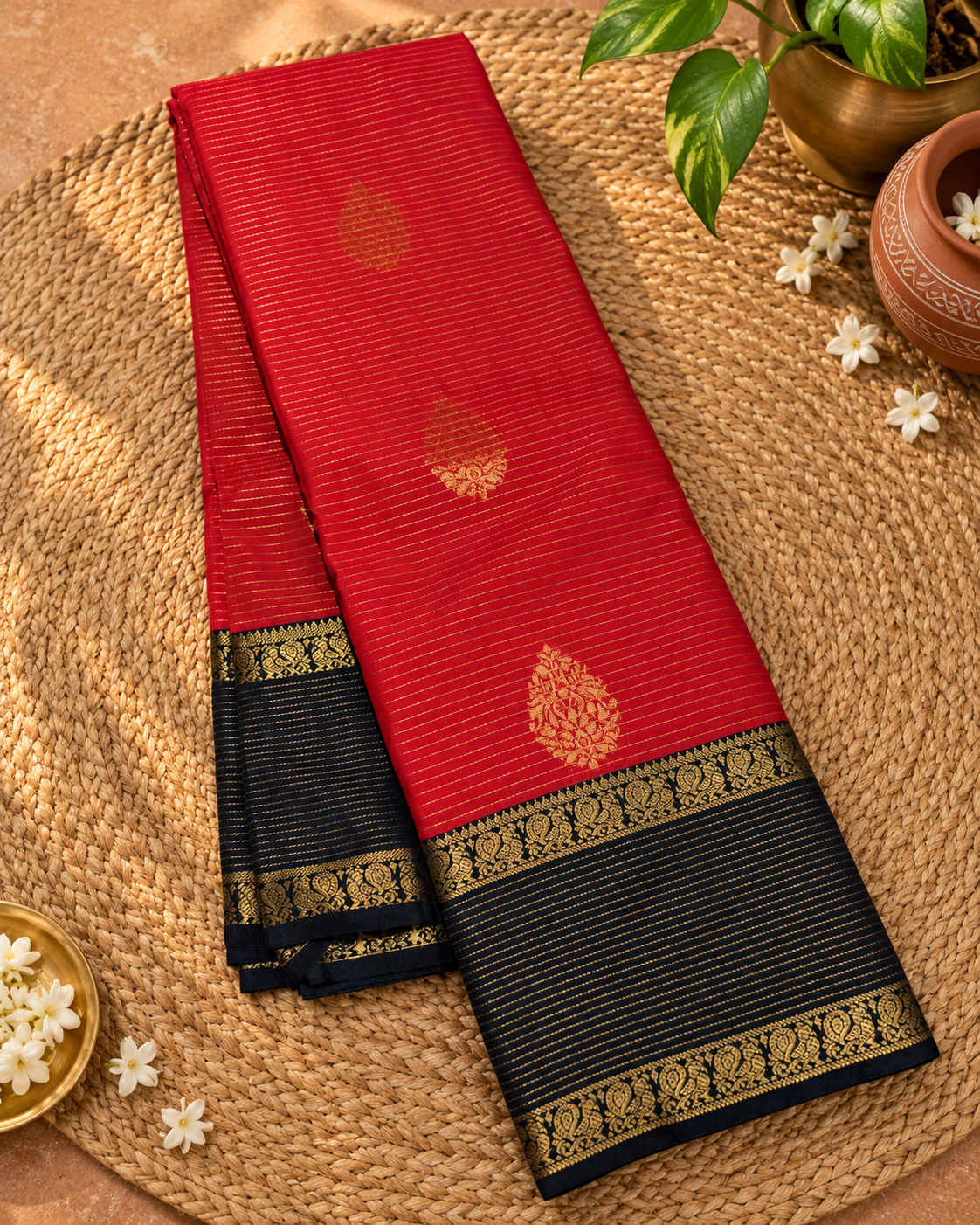 Red Colour Semi Kanchipuram Silk Saree with Black Border