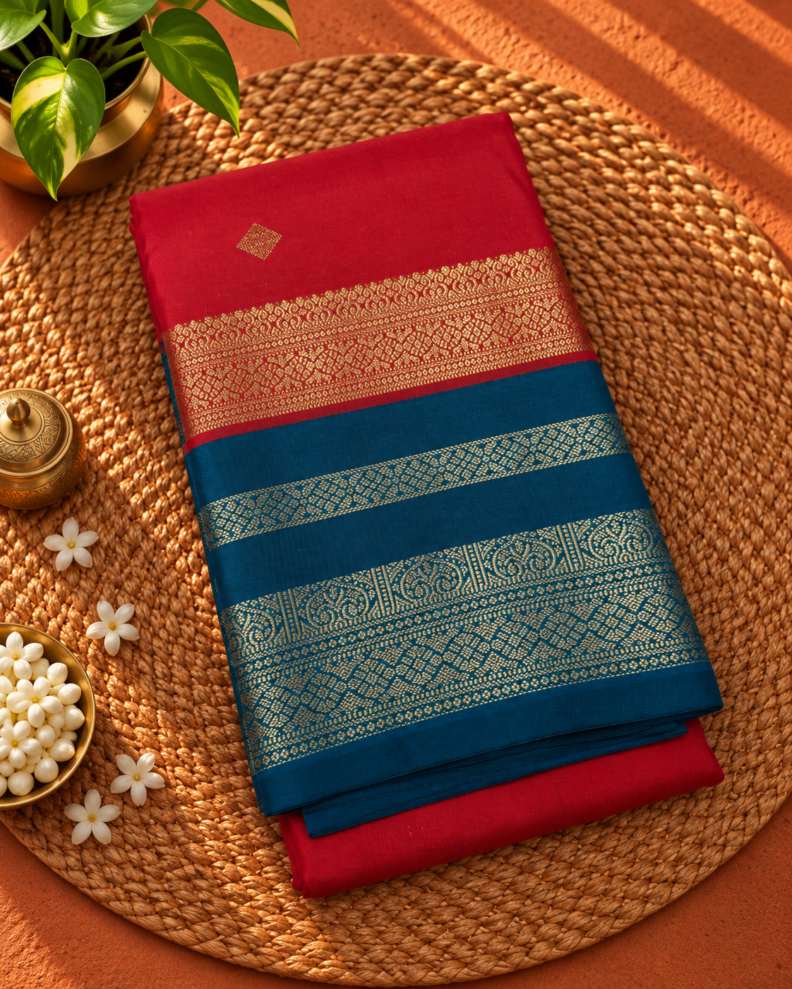 Red Colour Semi Kanchipuram Silk Saree with Teal Green Contrast