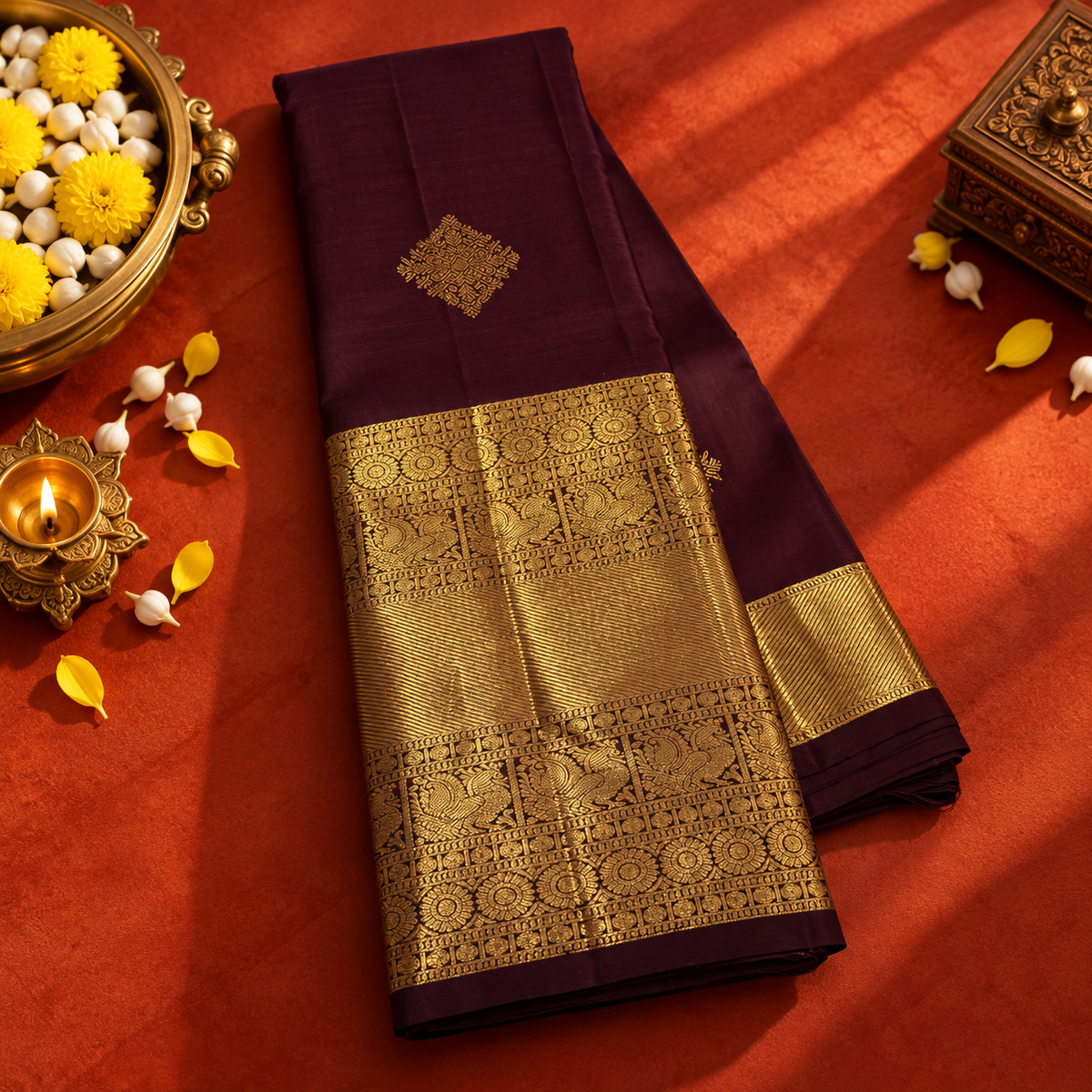 Chocolate Brown Colour Pure Kanchipuram Silk Saree