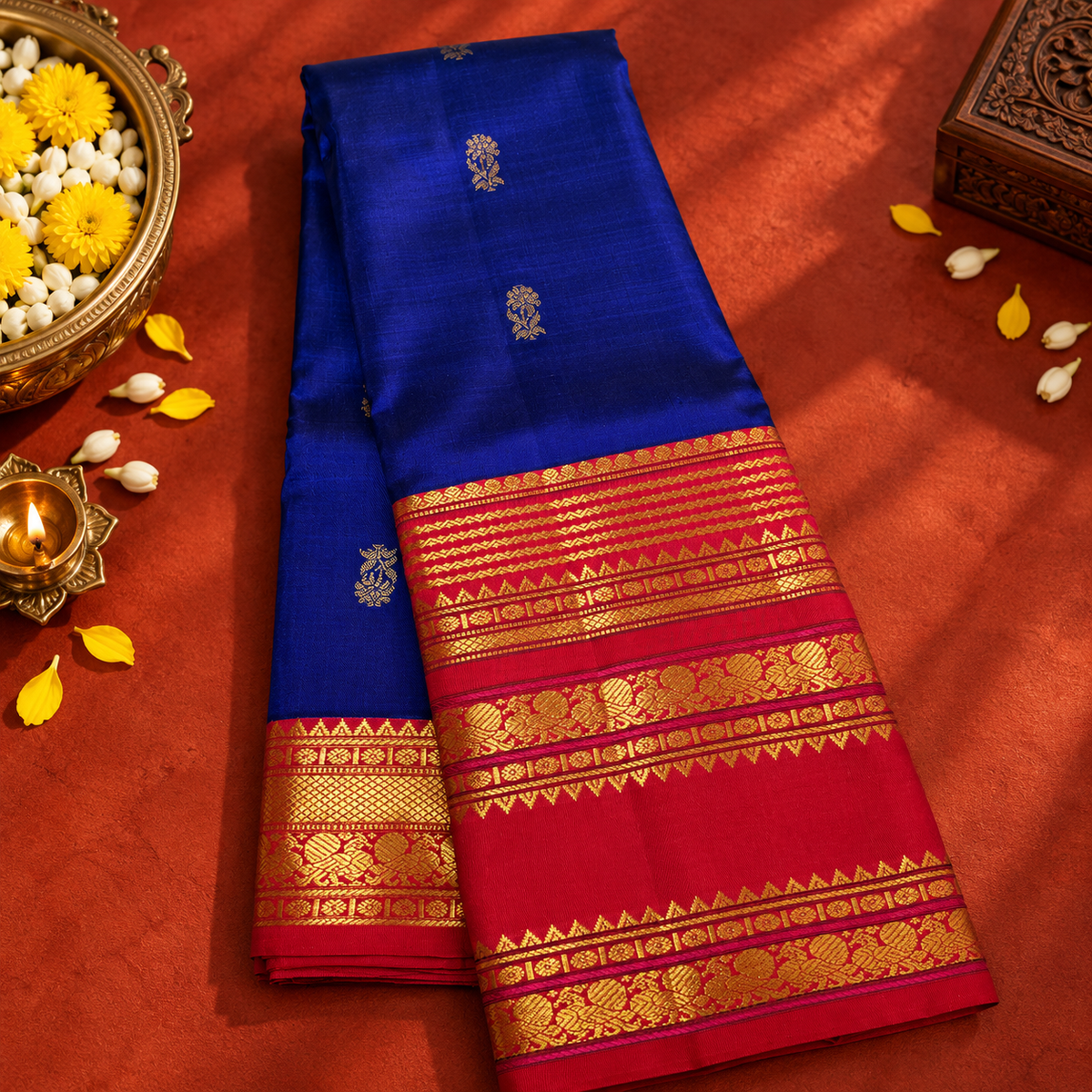 Royal Blue Colour Vintage Saree with Red Border & Gold Zari