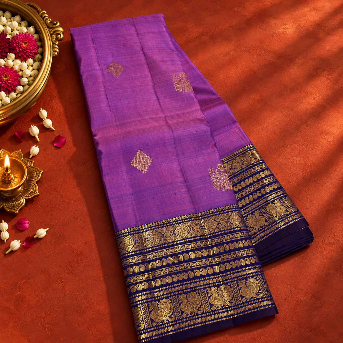 Lavender Colour Vintage Saree with Navy Blue Border & Gold Zari