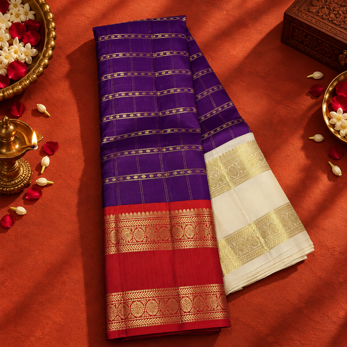 Royal Purple Colour Ganga Jamuna Saree with Red & White Border