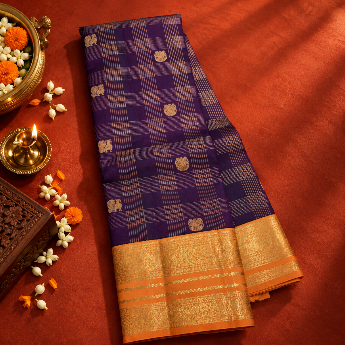 Royal Purple Colour Pure Kanchipuram Silk Saree with Orange Border