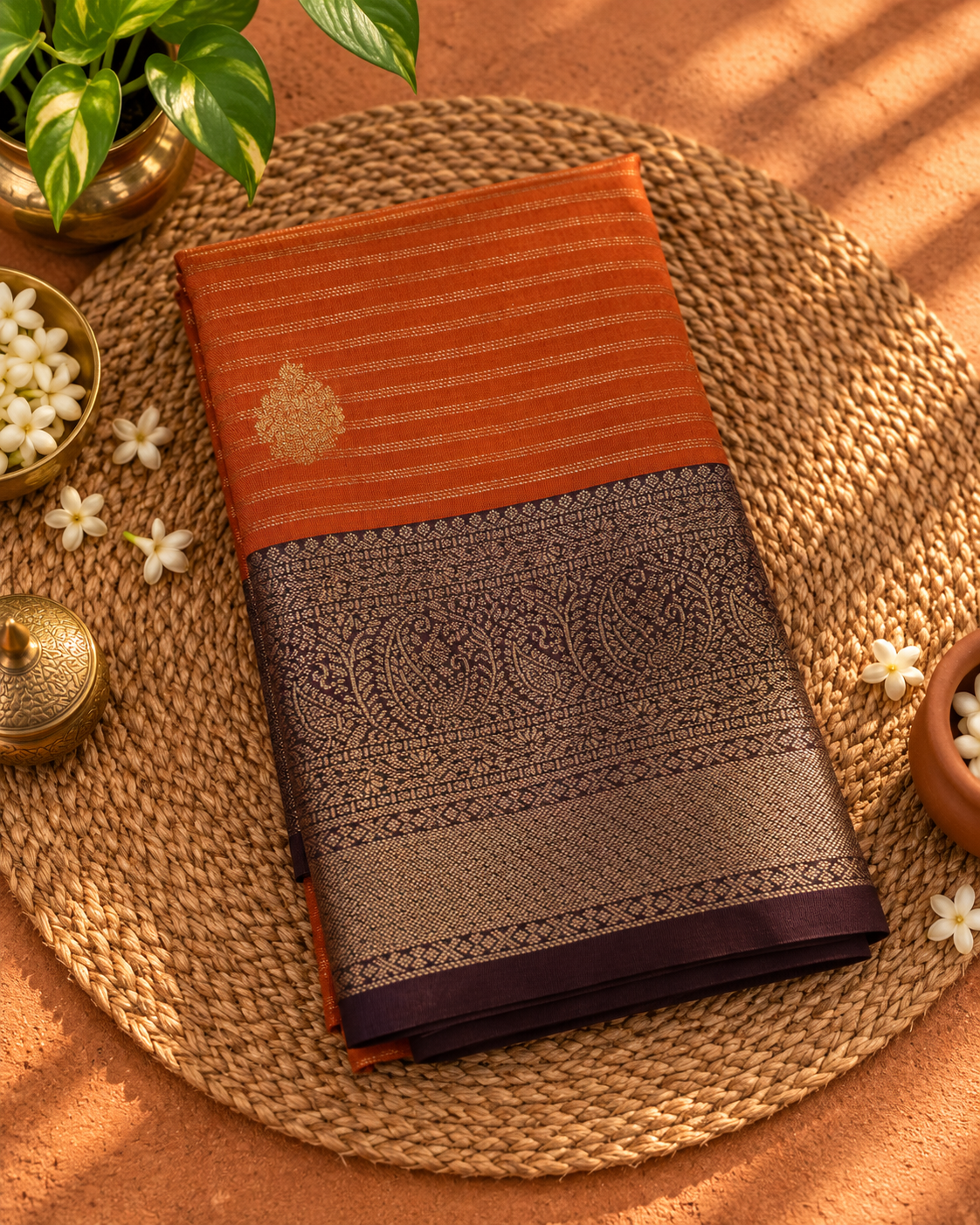 Rust Orange Colour Semi Kachi Silk Saree with Brown Border