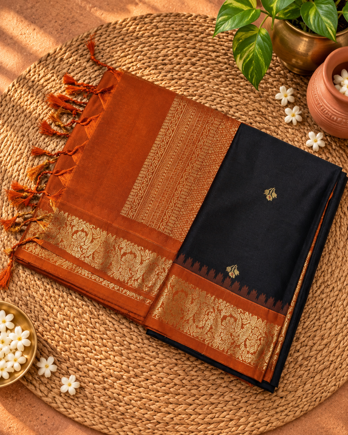 Chocolate Brown Colour Semi Soft Silk Saree with Rust Orange Contrast