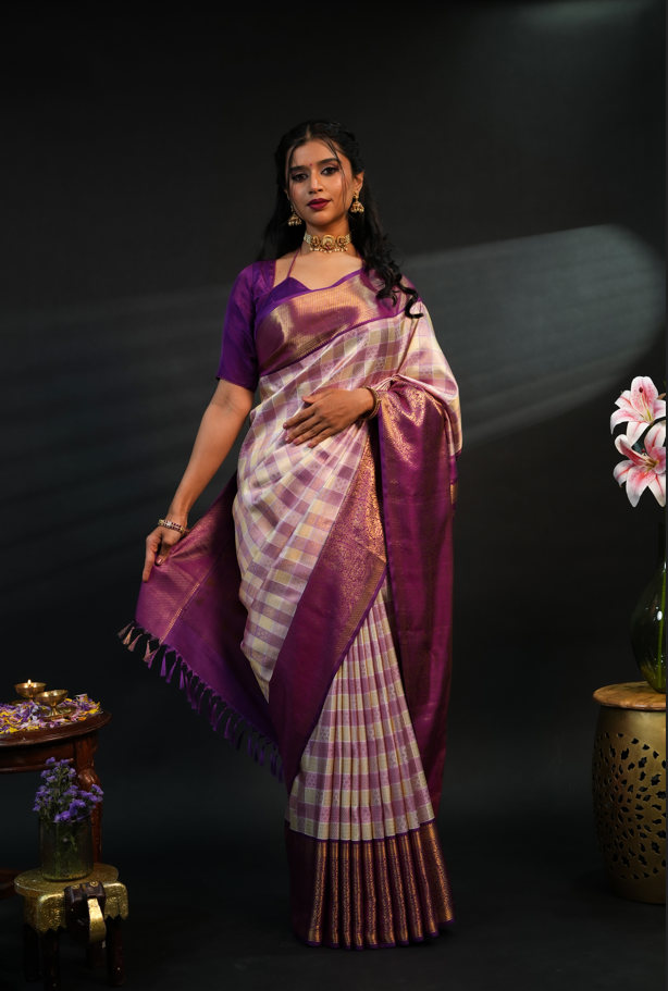 Multicolor Checks Pure Kanchivaram Silk Saree with Rich Golden Zari Buttas & Purple Contrast Border – Traditional Bridal & Festive Wear
