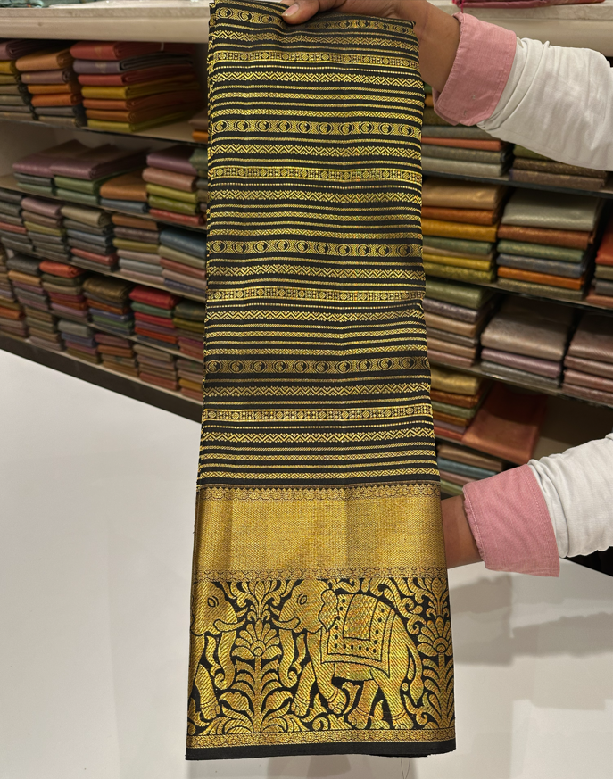 Black Kanjivaram Silk Saree with Gold Zari Border & Line Work – Wedding & Traditional Wear