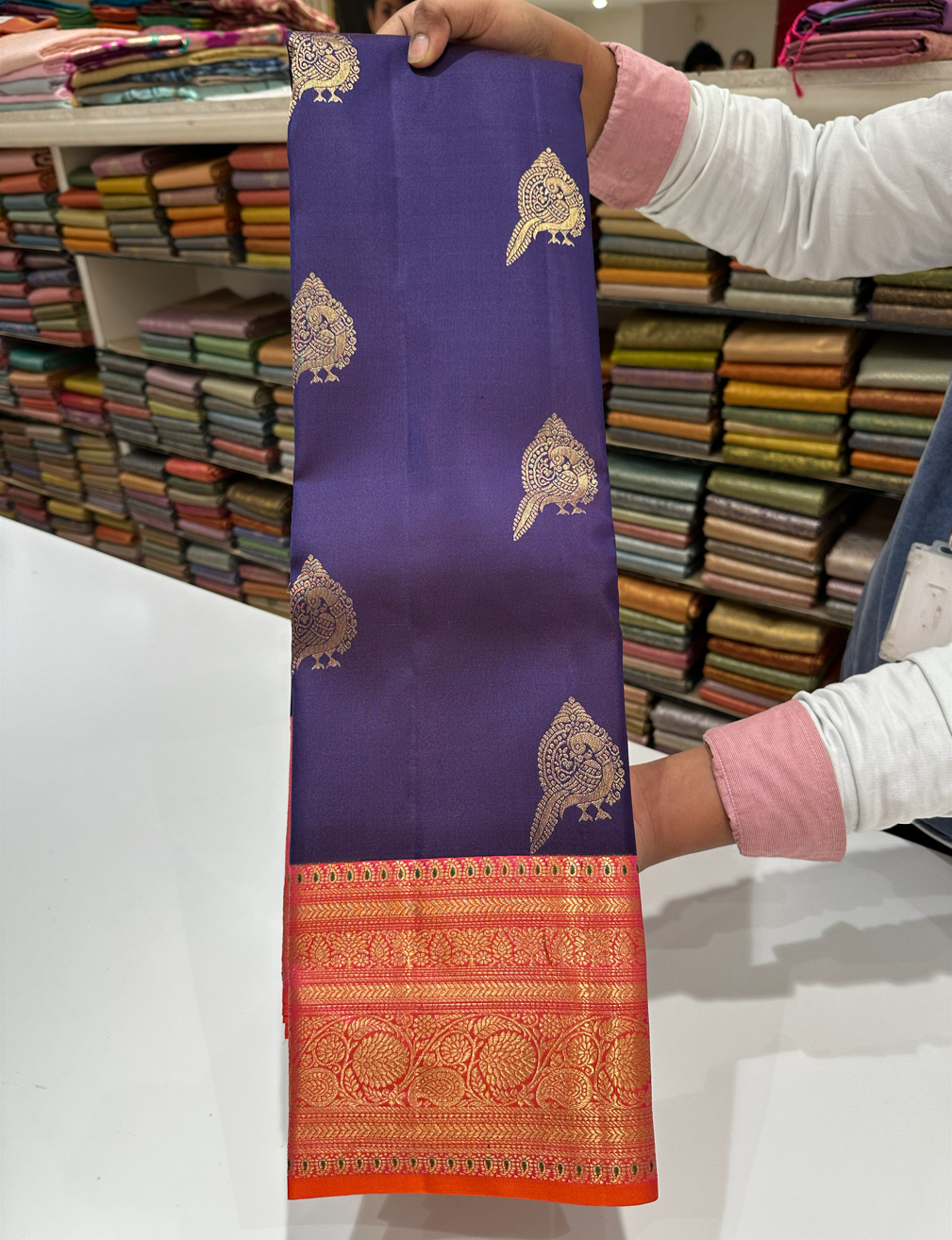 Purple Dual Shade Kanjivaram Saree with Orange & Pink Border & Floral Buttas – Traditional Wear