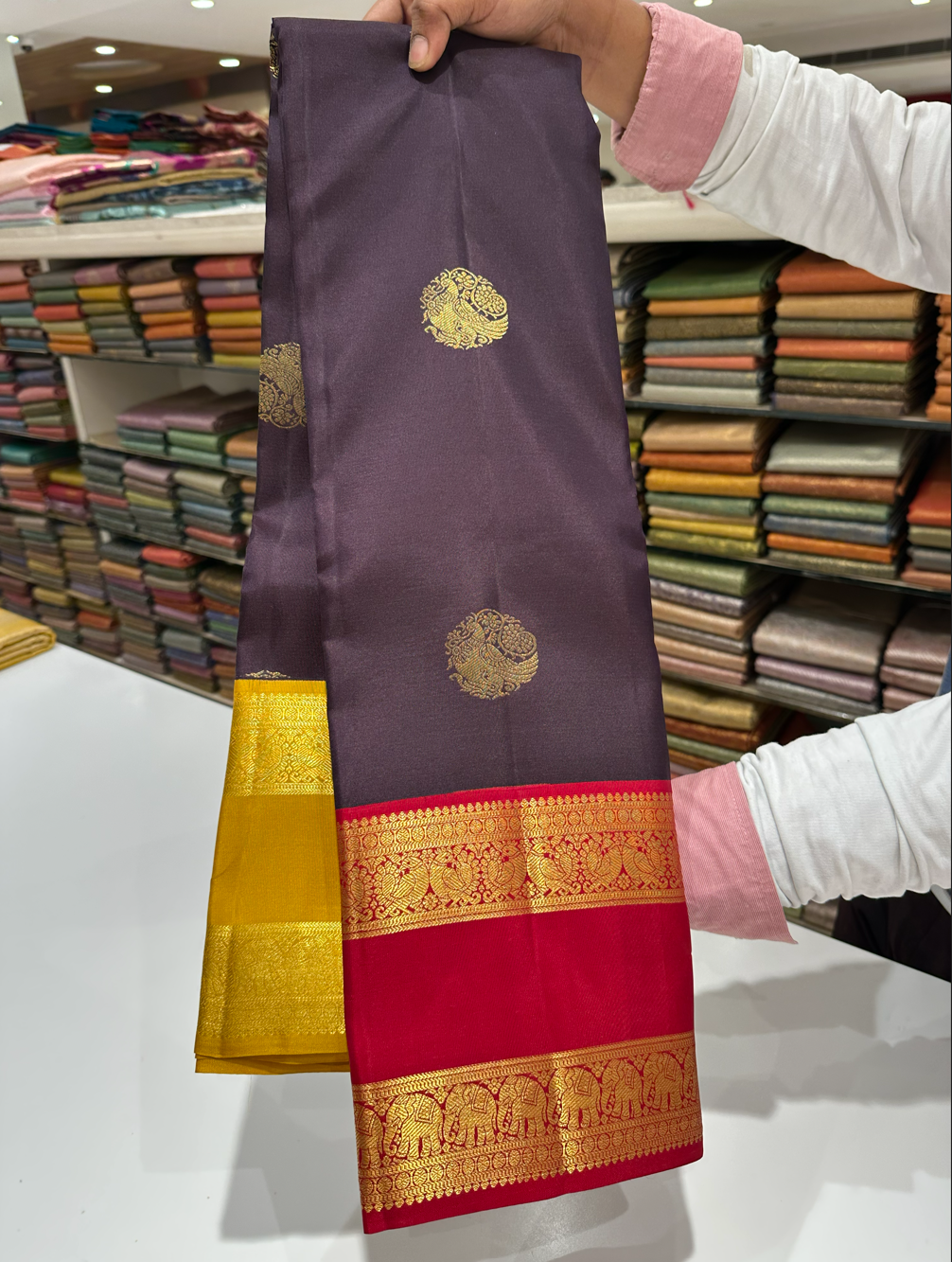 Rich Brown Pure Kanjivaram Silk Saree with Gold Zari Buttas & Red-Yellow Dual Side Border