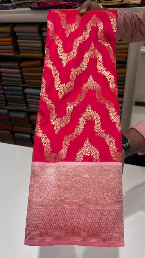 Traditional Pink Saree with Light Pink Border & Rich Floral Zari Design