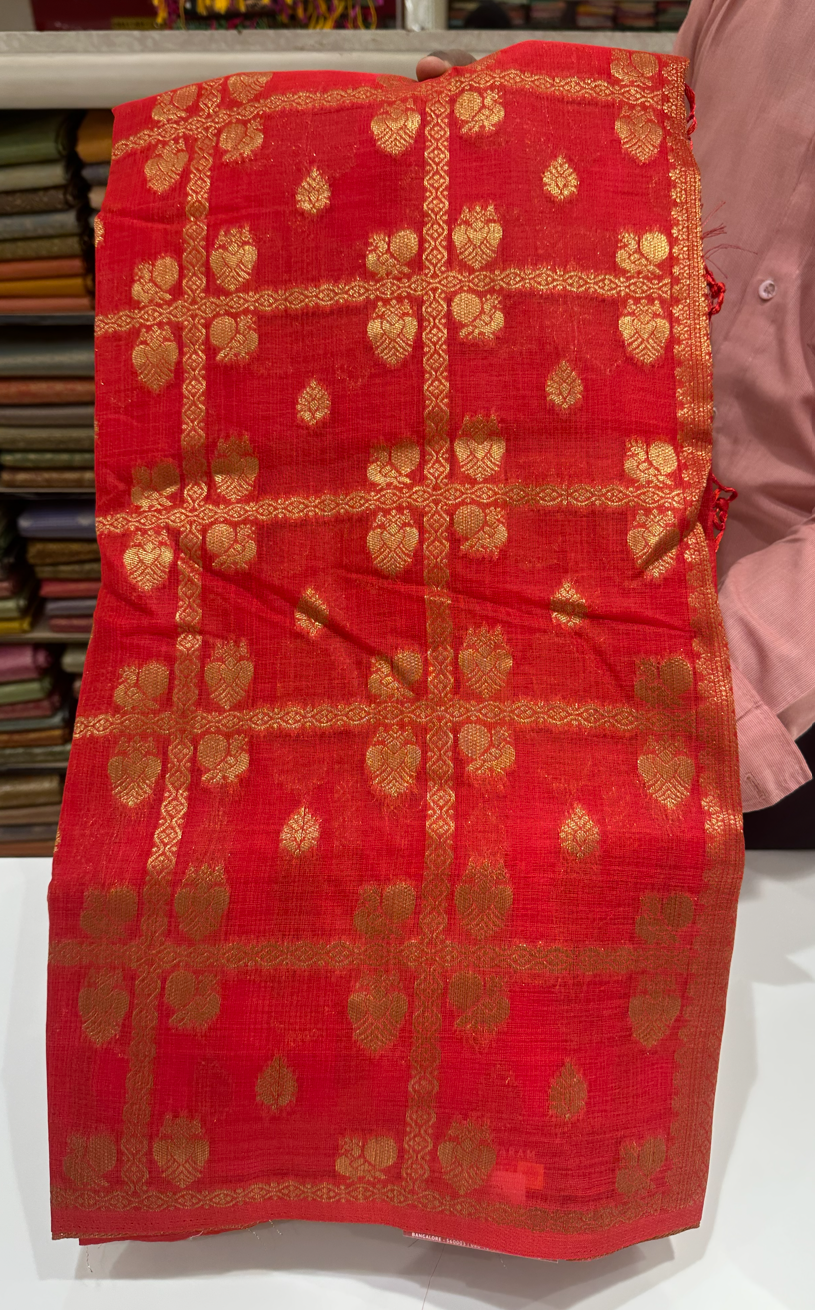 Comfortable Red Raw Silk Saree with Gold Zari Checks and Buttas- Perfect for Regular, Office, and Traditional Wear