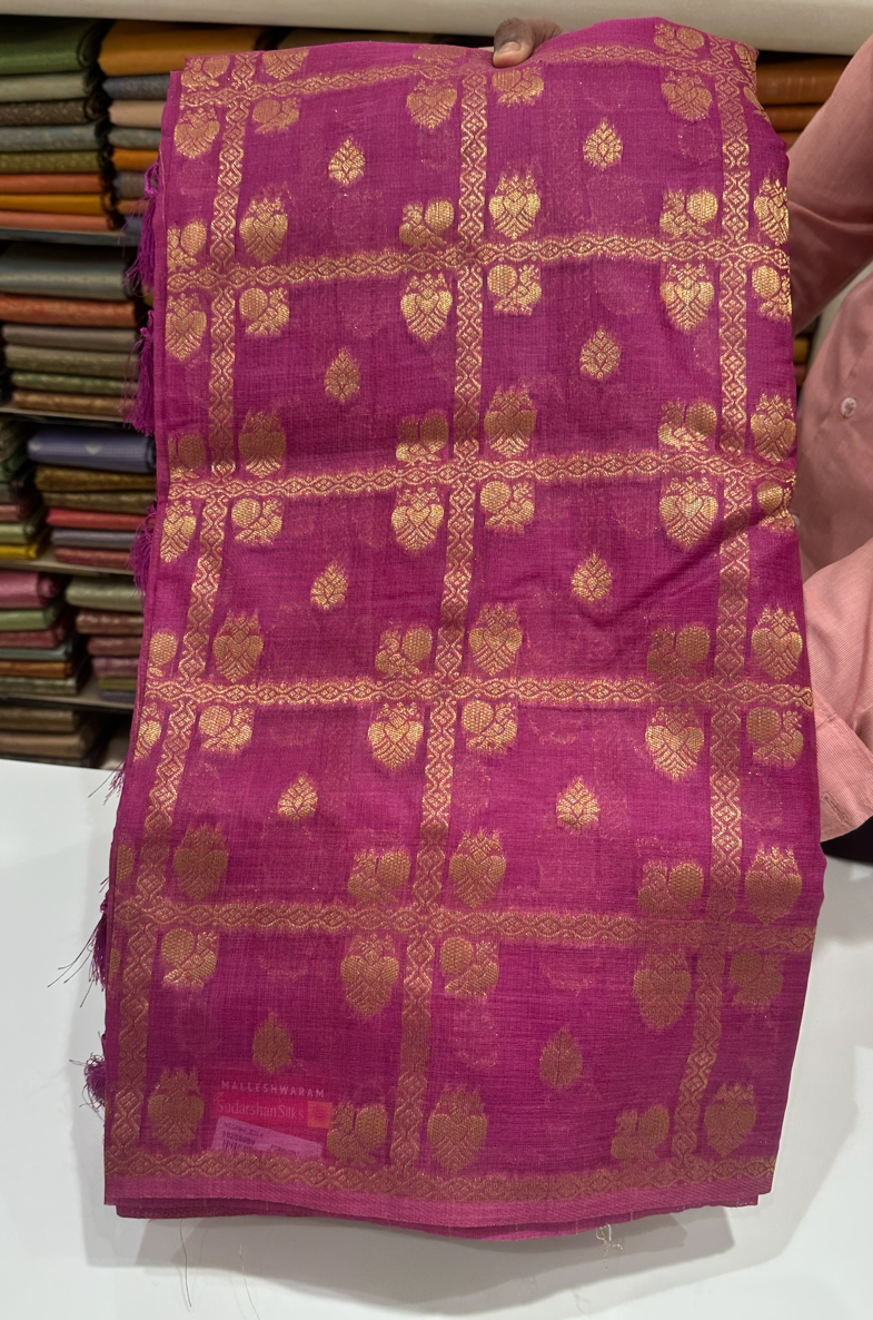 Onion Pink Raw Silk Saree with Beautiful Gold Checks and Buttas
