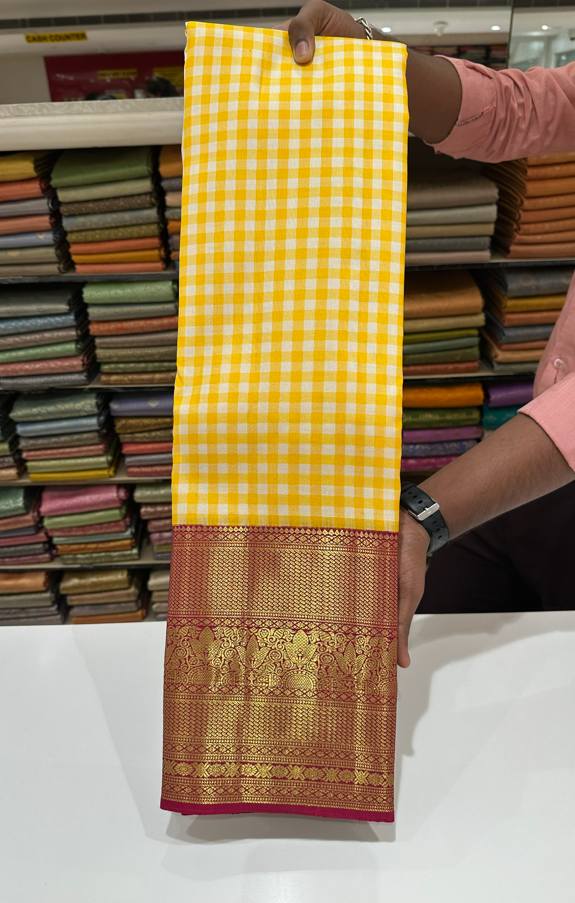 Traditional White & Yellow Checks Pure Kanjivaram Silk Saree with Pink Zari Border