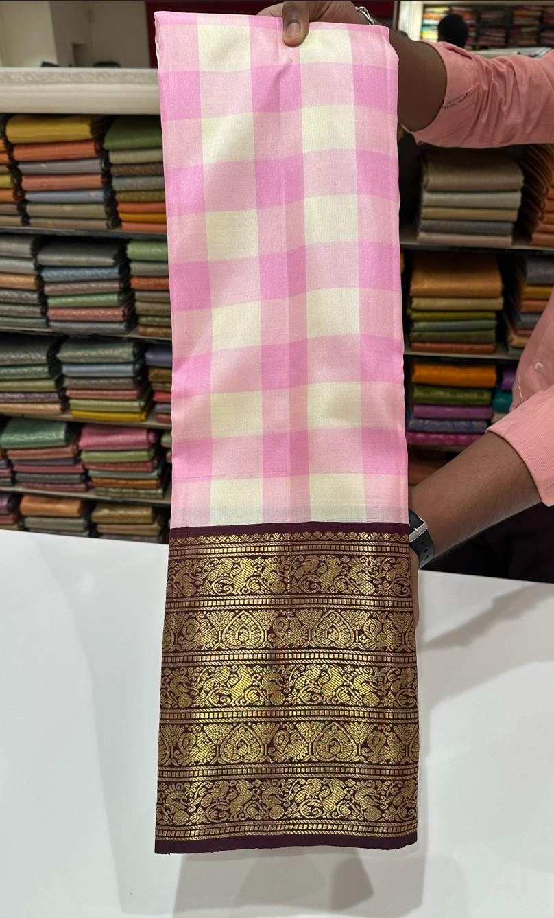 Pure Kanjivaram Silk White & Pink Checks Saree with Brown Gold Zari Border