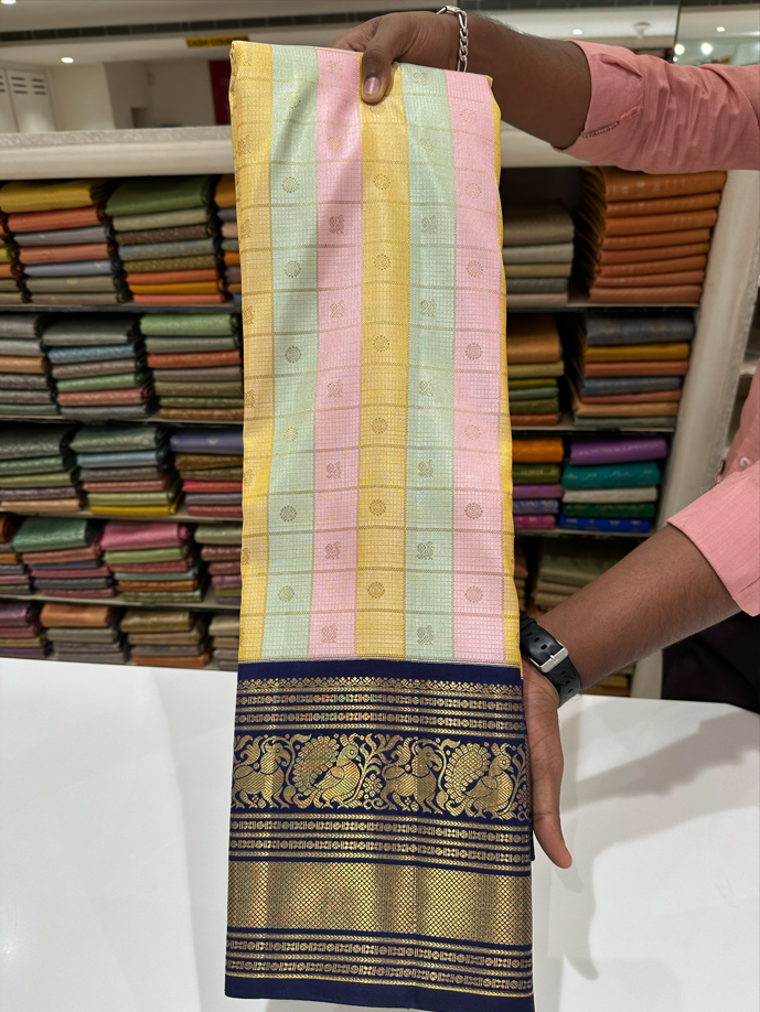 Pure Kanjivaram Silk Multicolor Checks Saree with Peacock Rudrakshi Buttas and Blue Gold Zari Border.