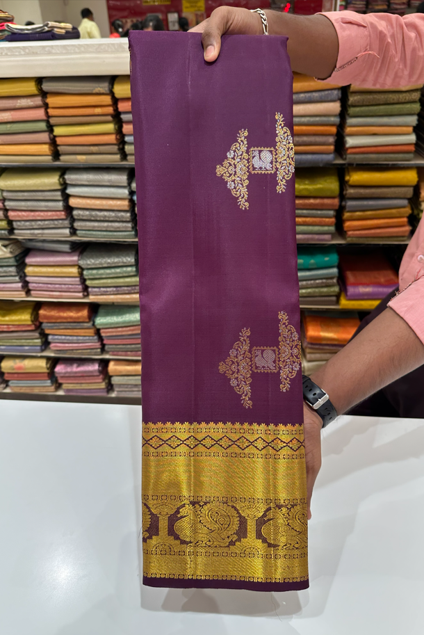 Grand Dark Brown Kanjivaram Saree with Unique Zari Buttas