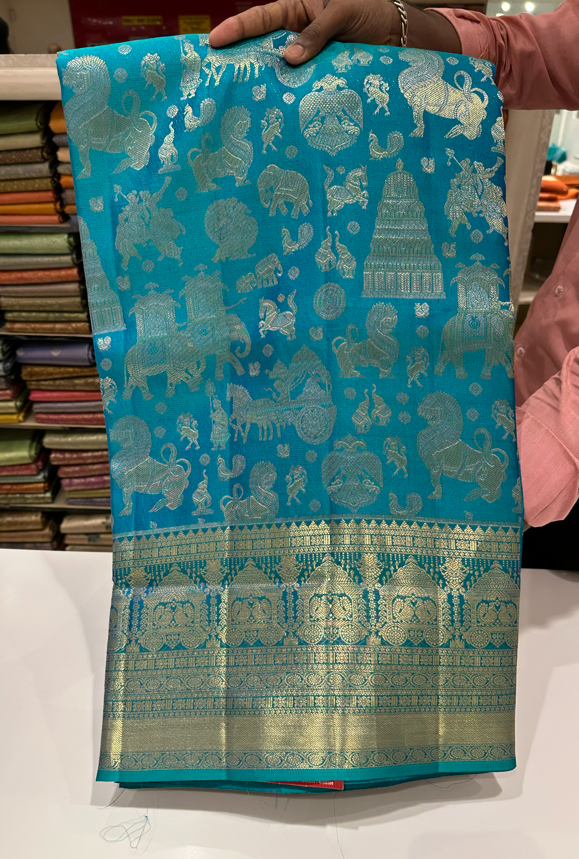 Royal Blue Pure Kanjivaram Silk Saree with Gold & Silver Zari Animal Motifs