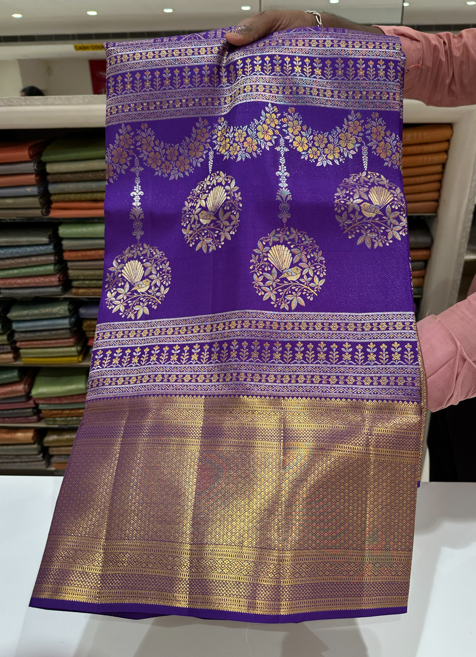 Royal Purple Pure Kanjivaram Silk Saree with Grand Gold & Silver Zari Parrot and Floral Buttas