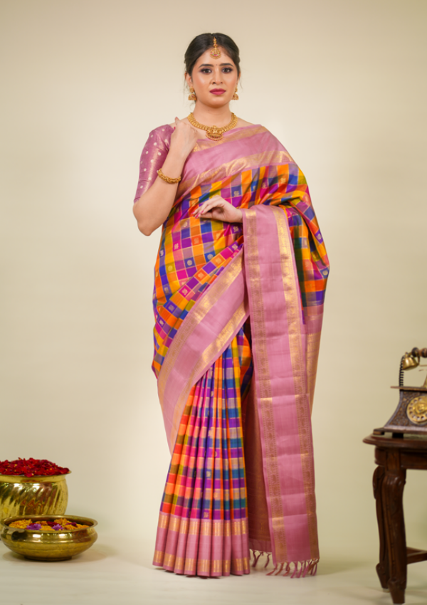 Multicolor Pure Kanjivaram Silk Saree with Pink Contrast Border & Golden Zari Buttas – Bridal & Wedding Wear