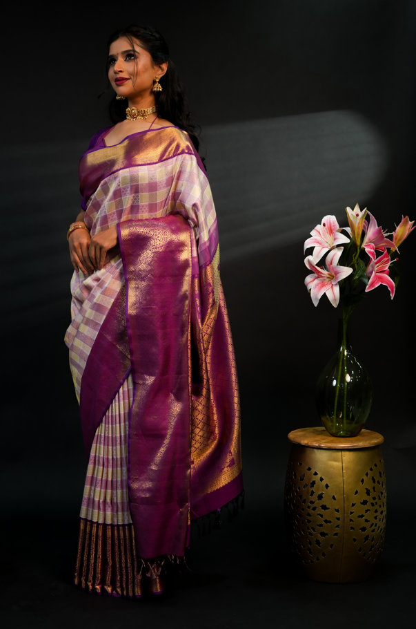 Multicolor Checks Pure Kanchivaram Silk Saree with Rich Golden Zari Buttas & Purple Contrast Border – Traditional Bridal & Festive Wear