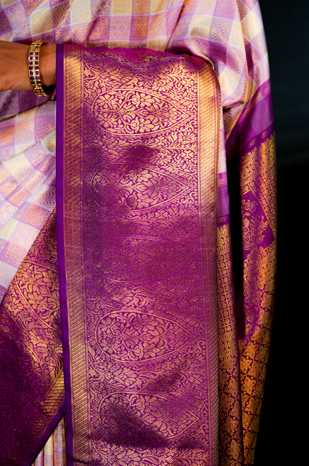 Multicolor Checks Pure Kanjivaram Silk Saree with Rich Golden Zari Buttas & Purple Contrast Border – Traditional Bridal & Festive Wear