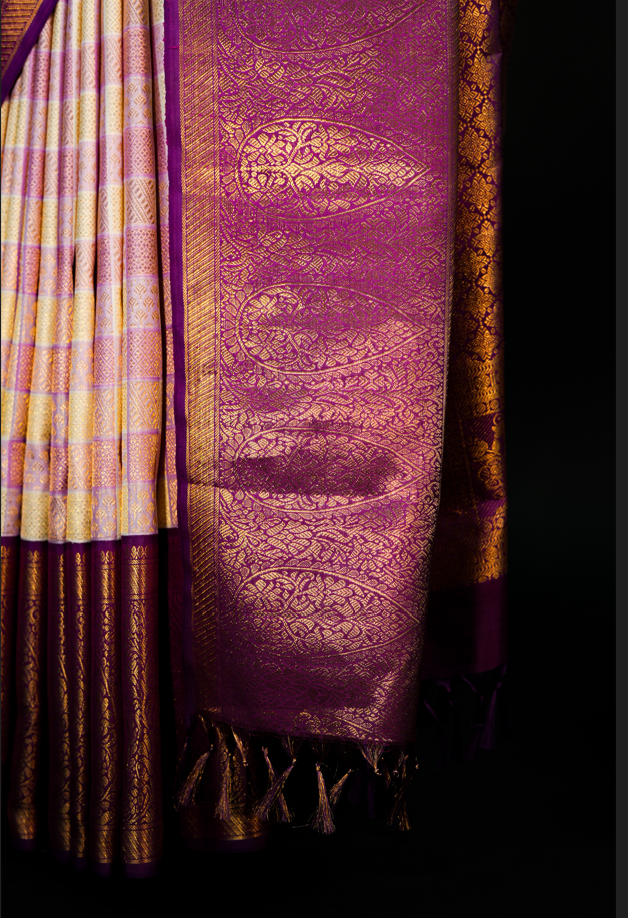 Multicolor Checks Pure Kanjivaram Silk Saree with Rich Golden Zari Buttas & Purple Contrast Border – Traditional Bridal & Festive Wear