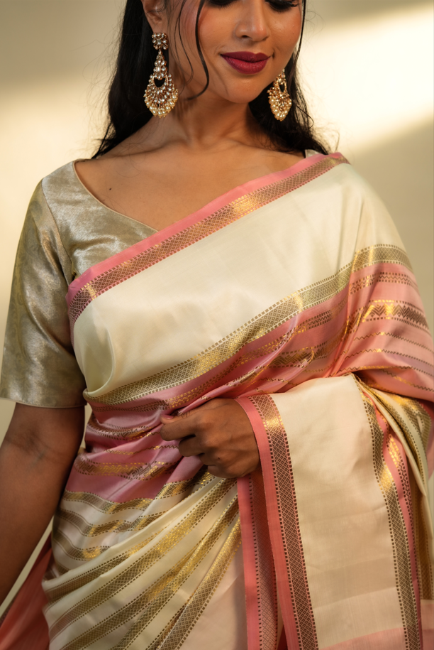 Pink and Cream Pure Kanjivaram Silk Saree with Rich Golden Zari Single Line & Pink Contrast Border – Traditional Bridal & Festive Wear