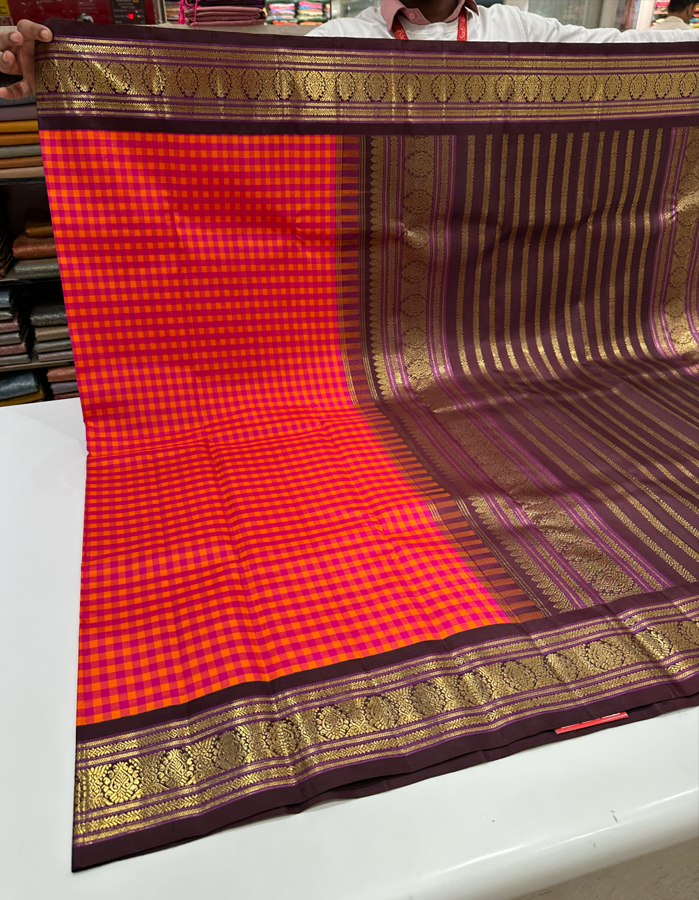 Pink & Orange Multicolor Checks Kanjivaram Silk Saree with Brown Contrast Border & Gold Zari Work