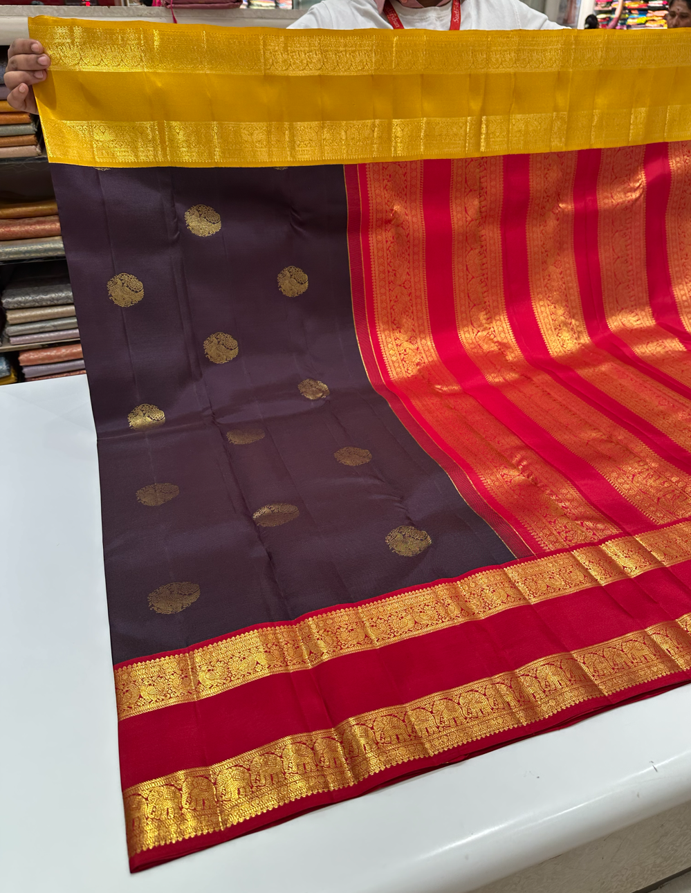 Rich Brown Pure Kanjivaram Silk Saree with Gold Zari Buttas & Red-Yellow Dual Side Border