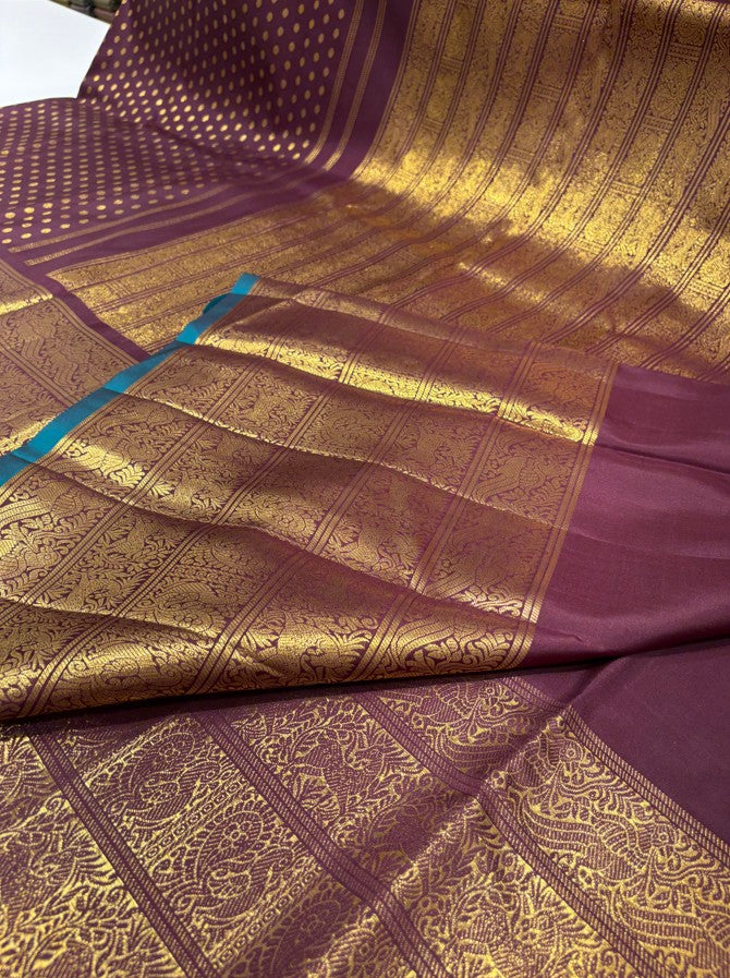 Brown Pure Kanjivaram Silk Saree with Contrast Green Border & Heavy Zari Buttas