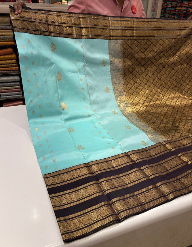 Blue Color  Saree with Contrast Brown Border &  Gold Zari butta